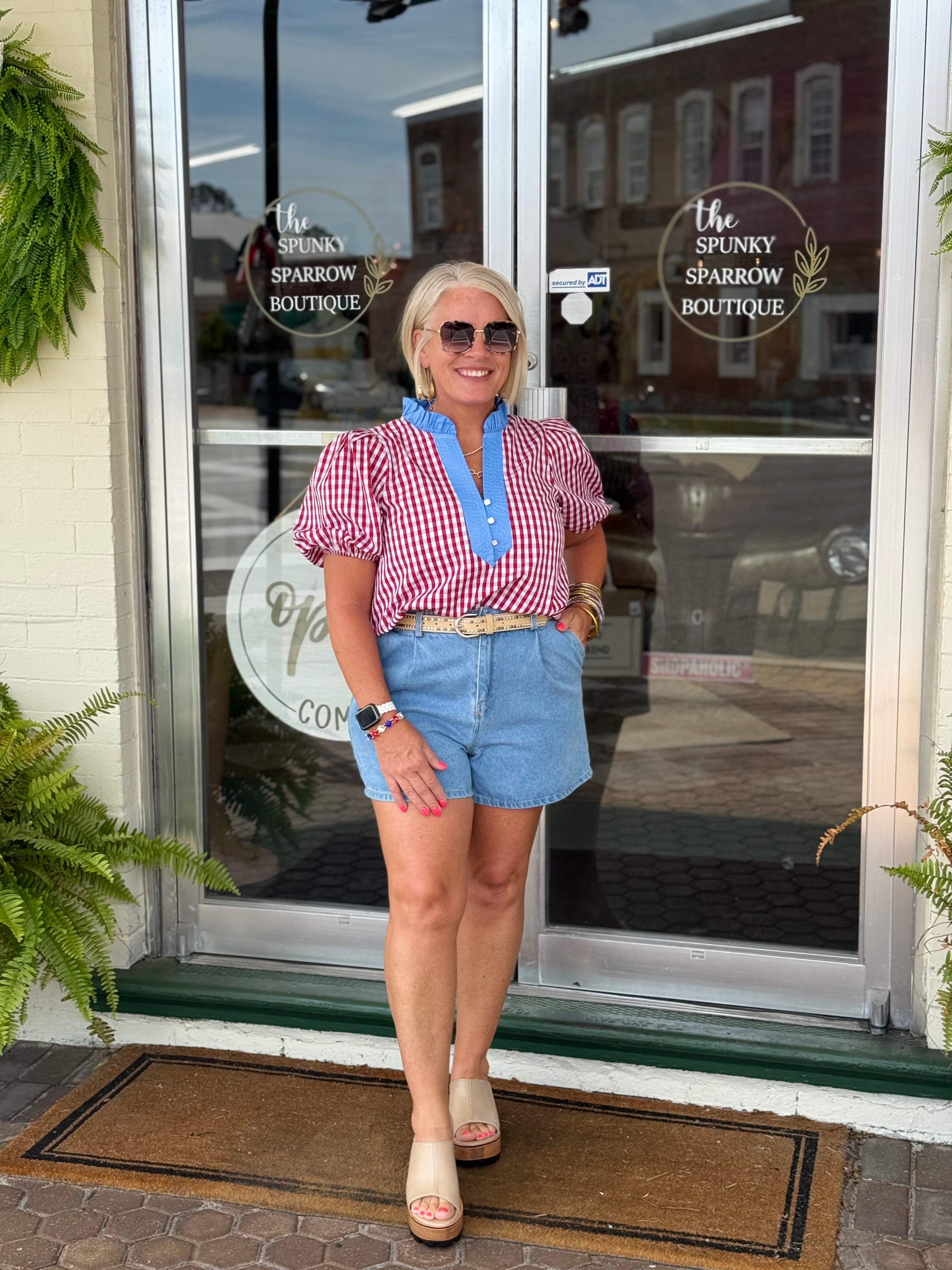 Red Gingham Short Puff Sleeve Top