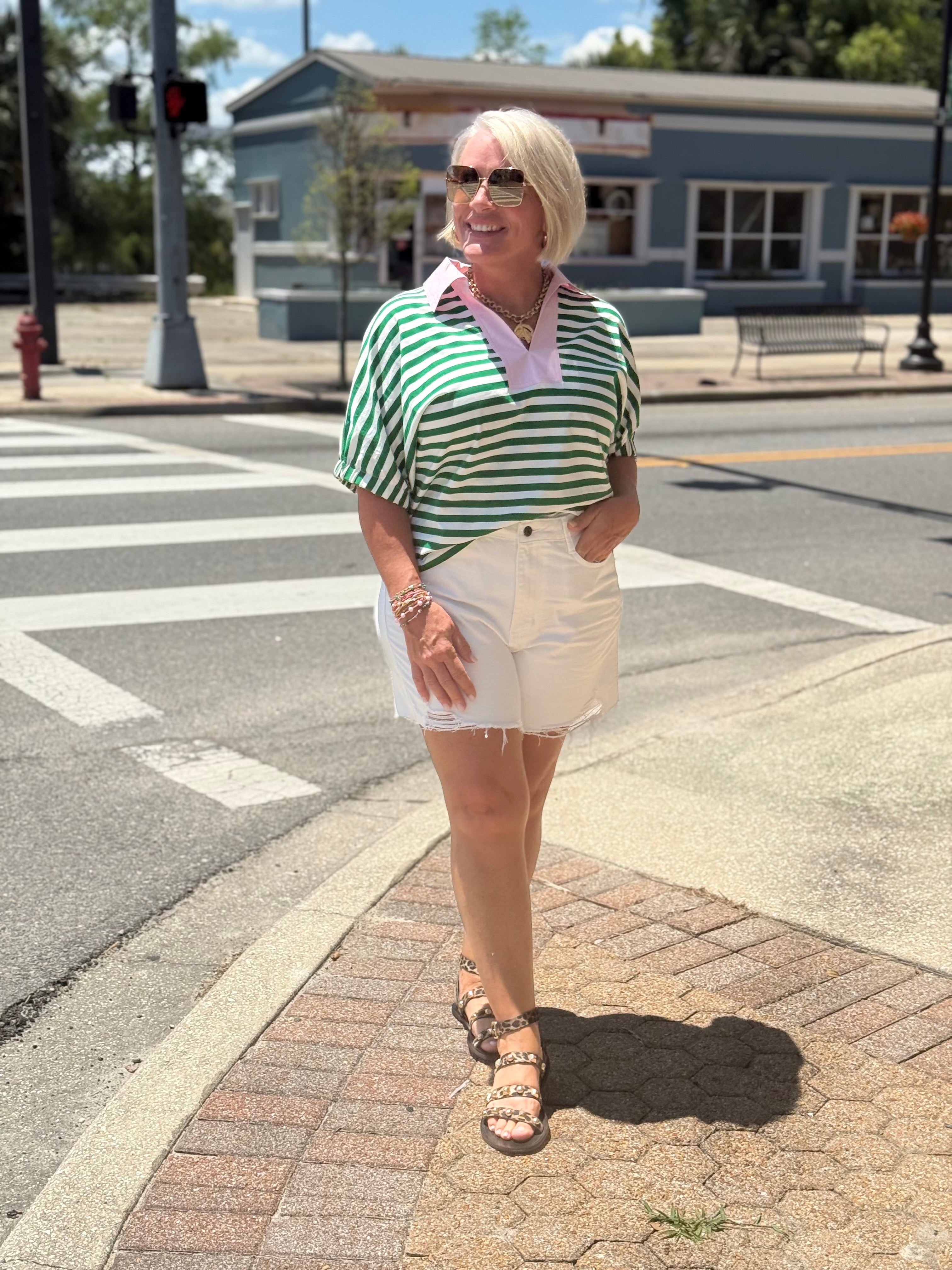 Green and White Striped Pullover Top