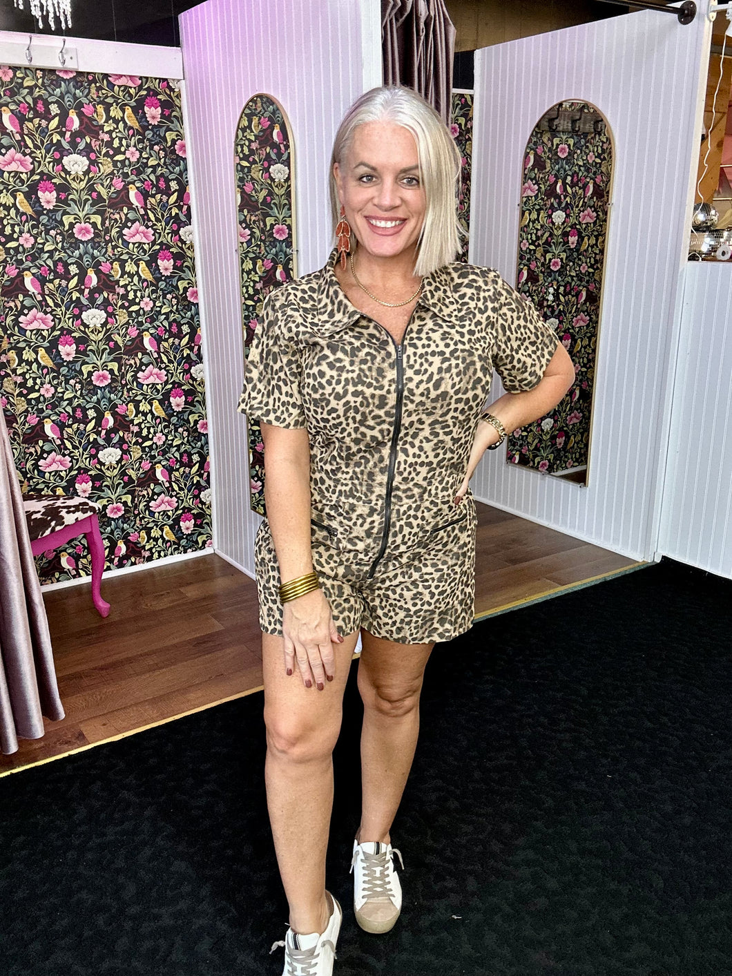 Clearance juniors Leopard Print Short Sleeves Romper with Zipper