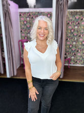 Load image into Gallery viewer, WHITE V NECK TOP WITH RUFFLE SLEEVES
