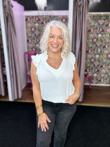WHITE V NECK TOP WITH RUFFLE SLEEVES