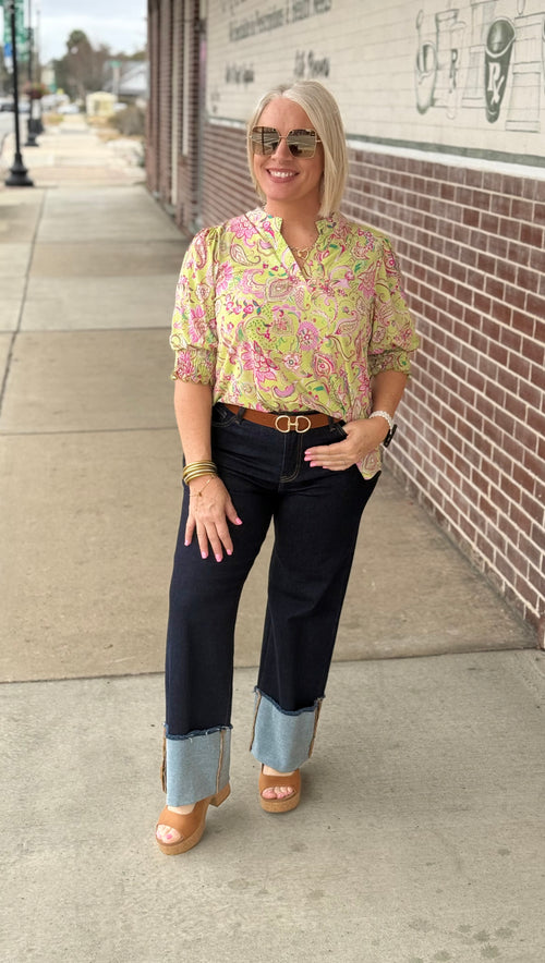 Aqua Pink Smocked 3/4 Sleeve Lizzy Top