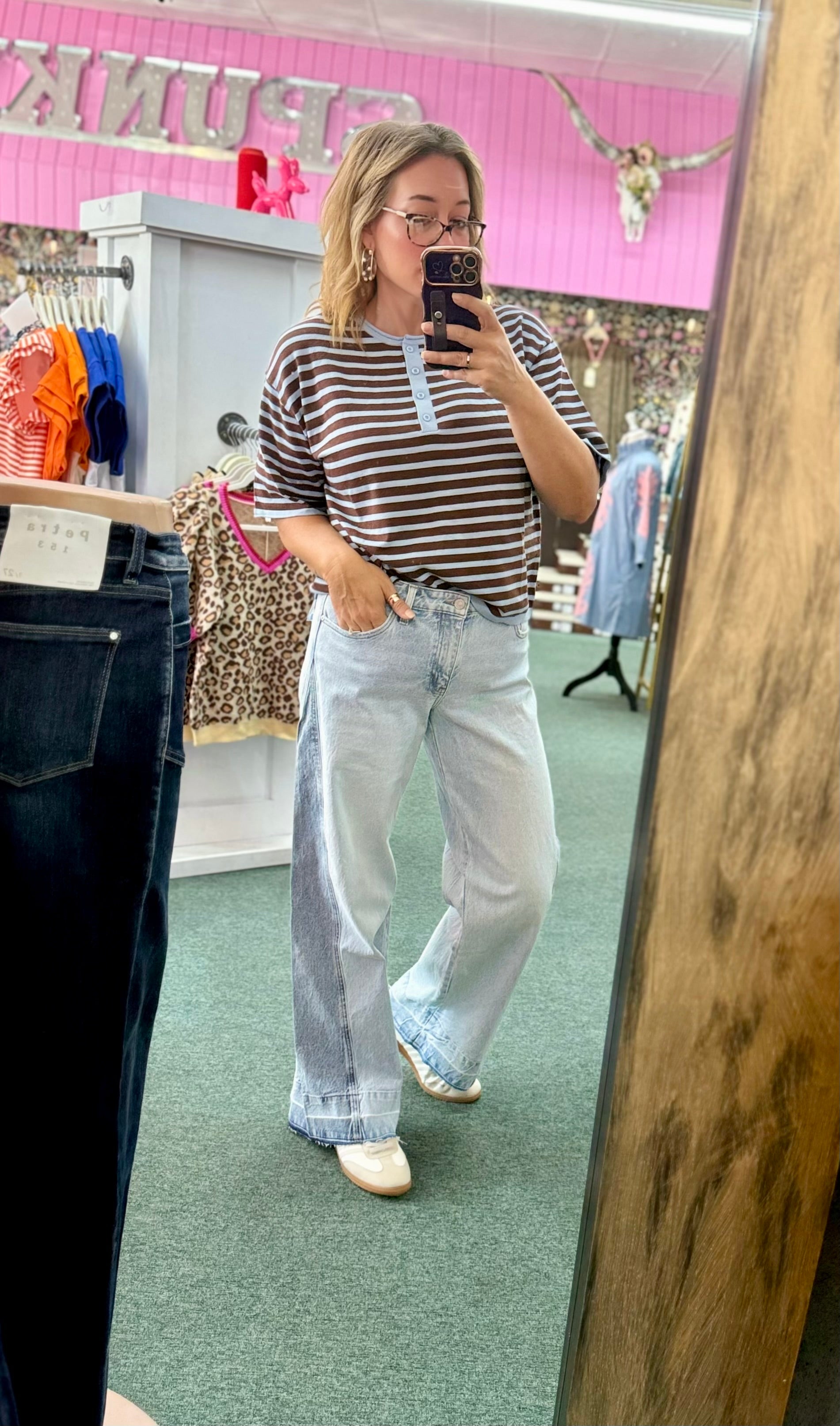 Brown and Blue Stripe Lightweight Sweater Top