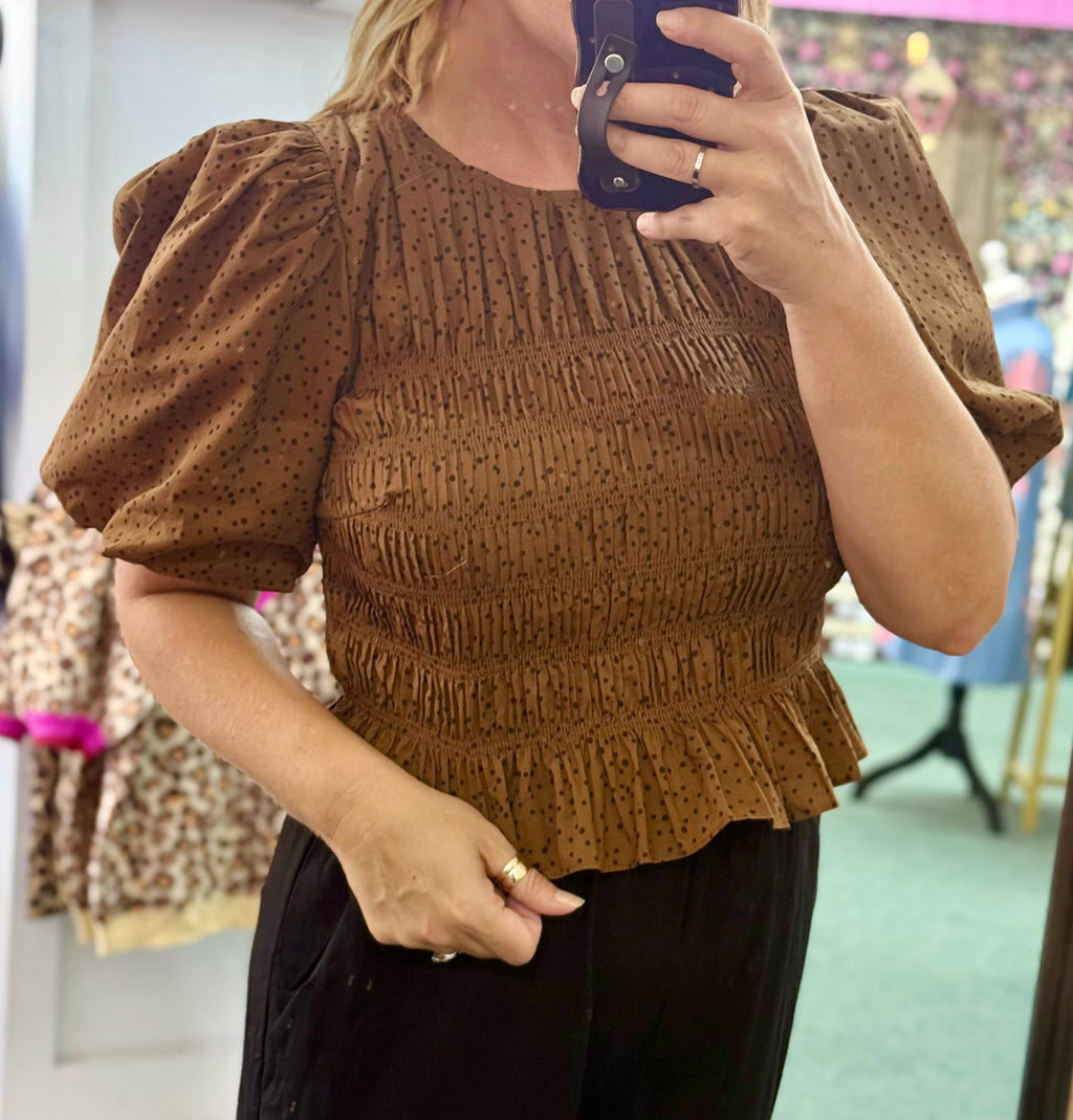 Toffee Smocked Polka Dot Top