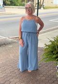 Blue Acid Wash Cotton Gauze Jumpsuit