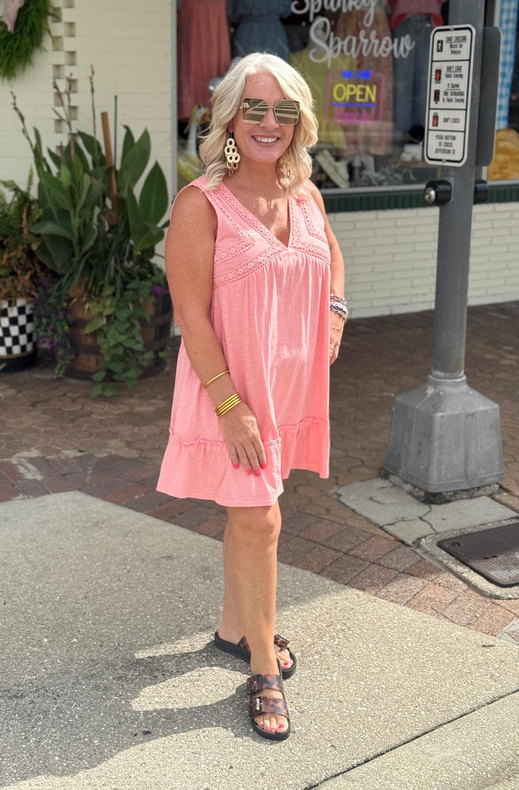 Coral Slub Knit Crochet Lace Trim Dress
