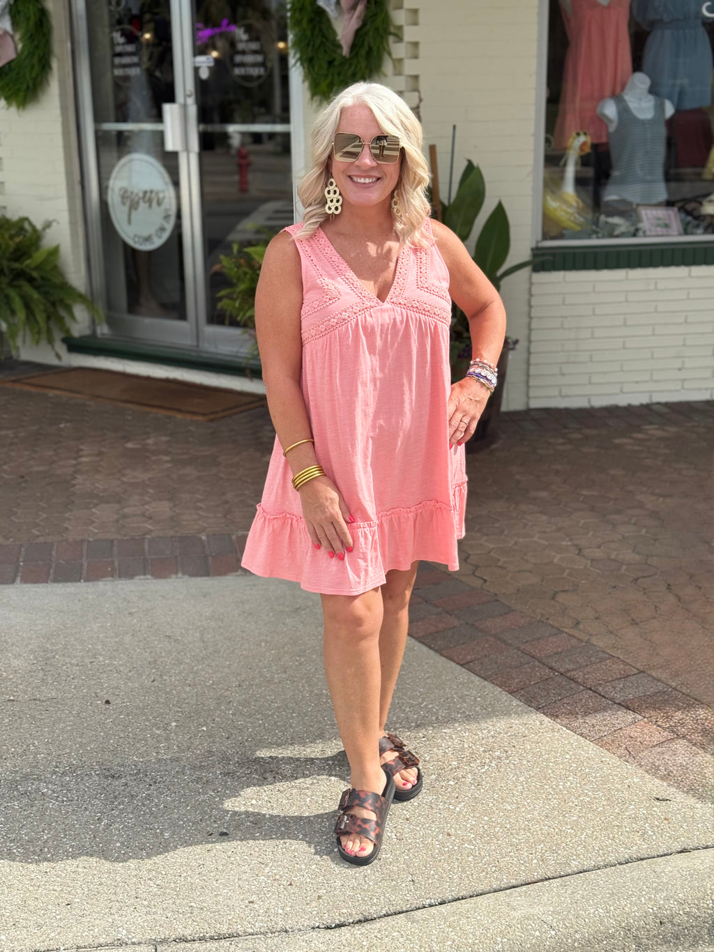 Coral Slub Knit Crochet Lace Trim Dress