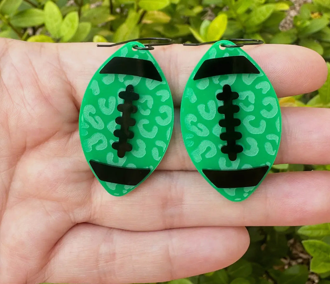 Green Leopard Football Earrings, Sports Earrings, Game Day