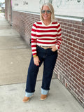 Red and Ivory Crew Neck Stripe Fitted Sweater