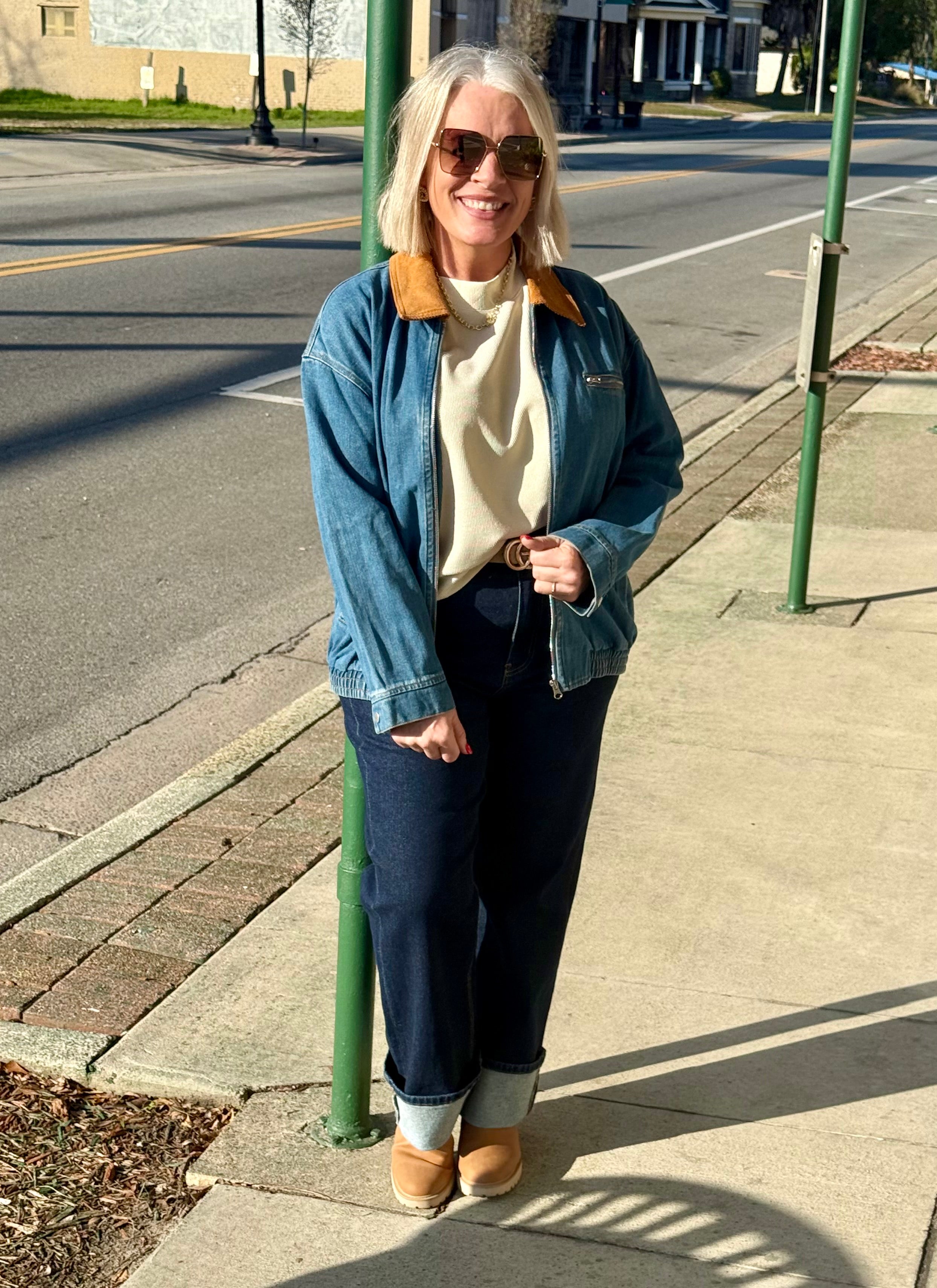 Contrast Corduroy Collar Denim Zip Up Jacket