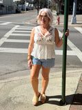 Embroidered V Neck Tank Top with Side Ties and Lac in Ivory