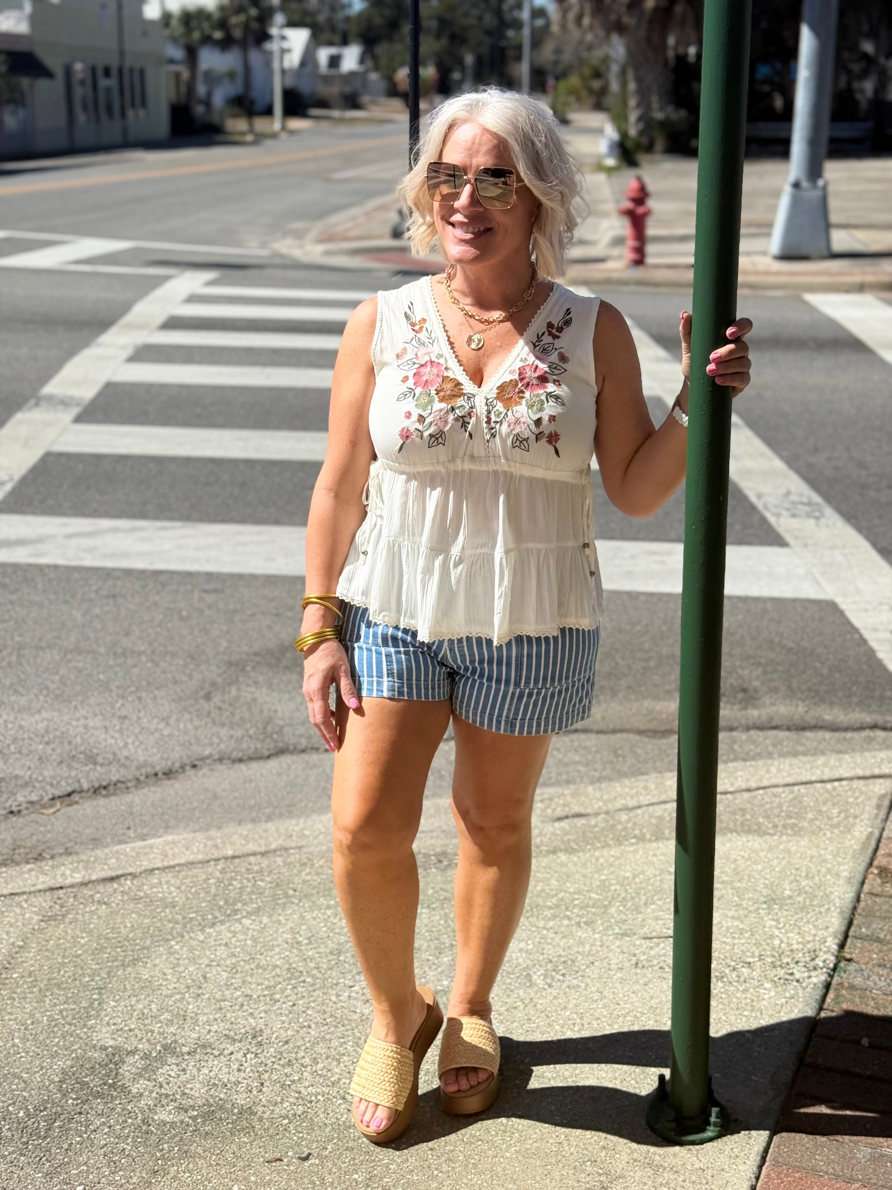 Embroidered V Neck Tank Top with Side Ties and Lac in Ivory