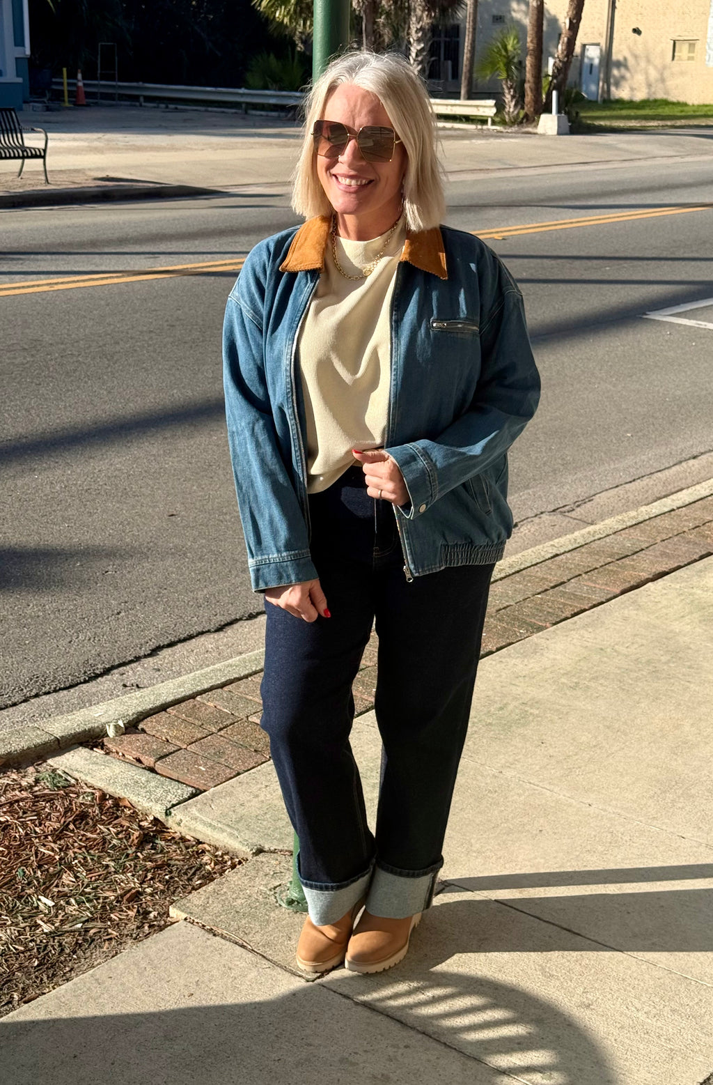 Contrast Corduroy Collar Denim Zip Up Jacket