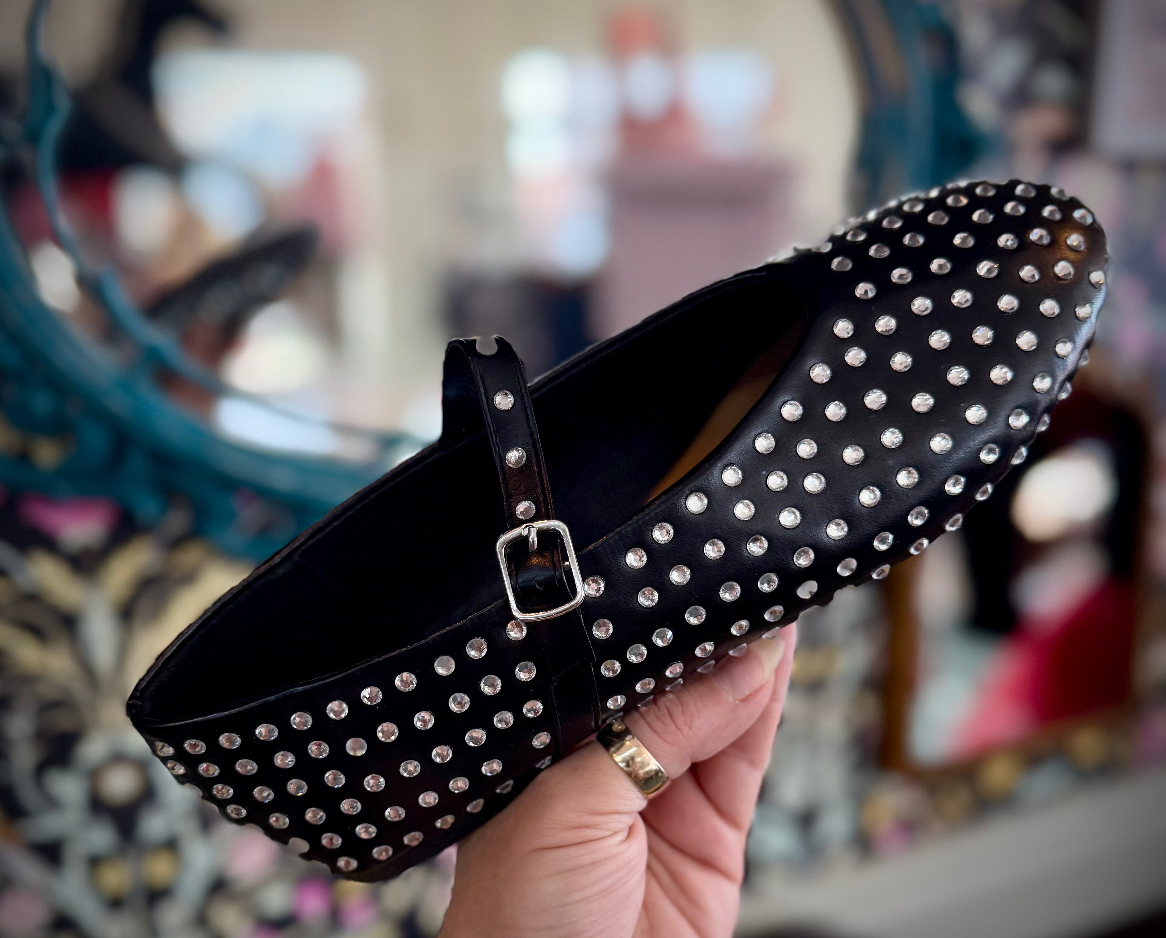 Wild Diva Womens Rhinestone Studded Mary jane Flats