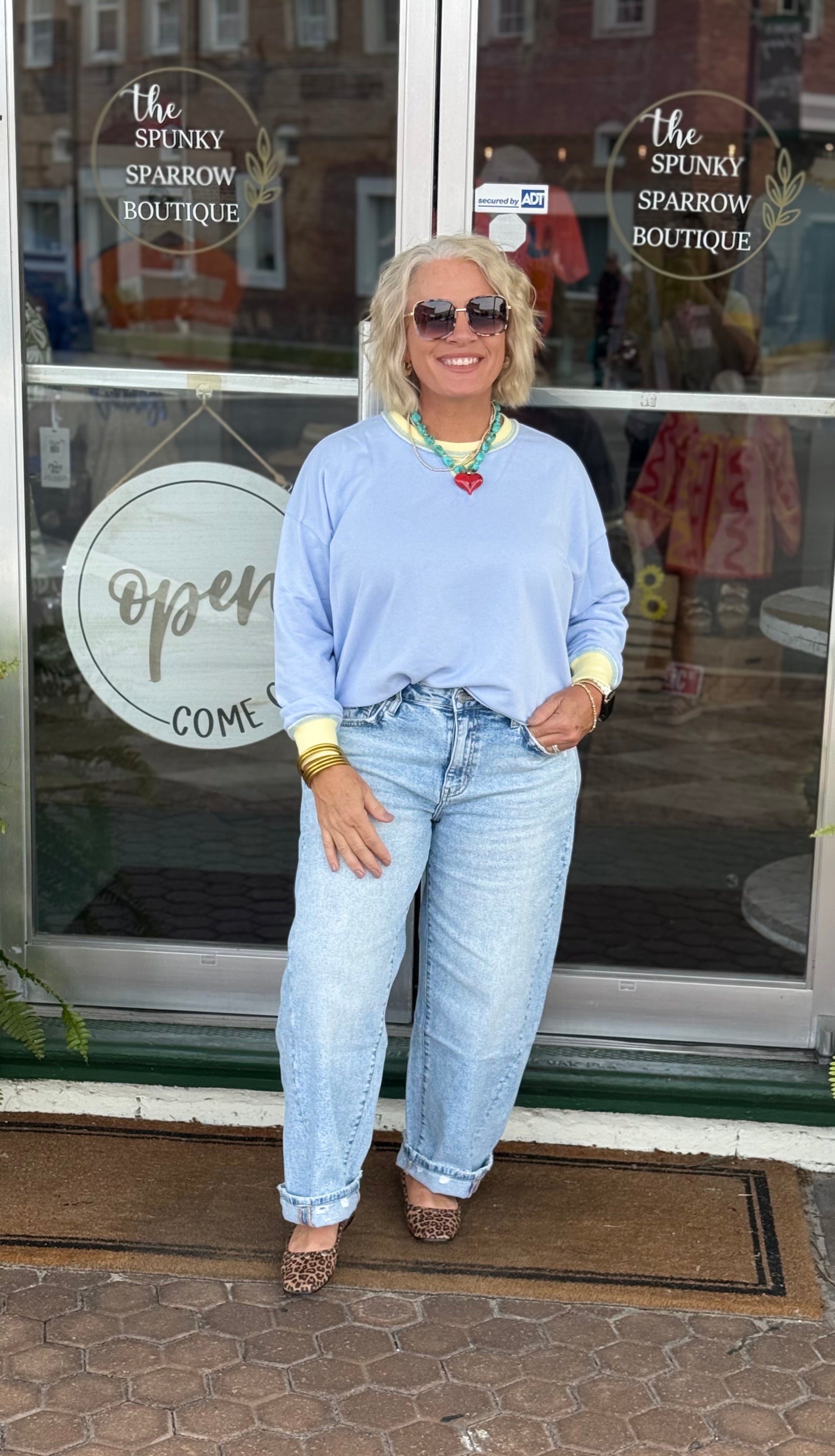 Sky Blue Contrast Long Sleeve Pullover Top