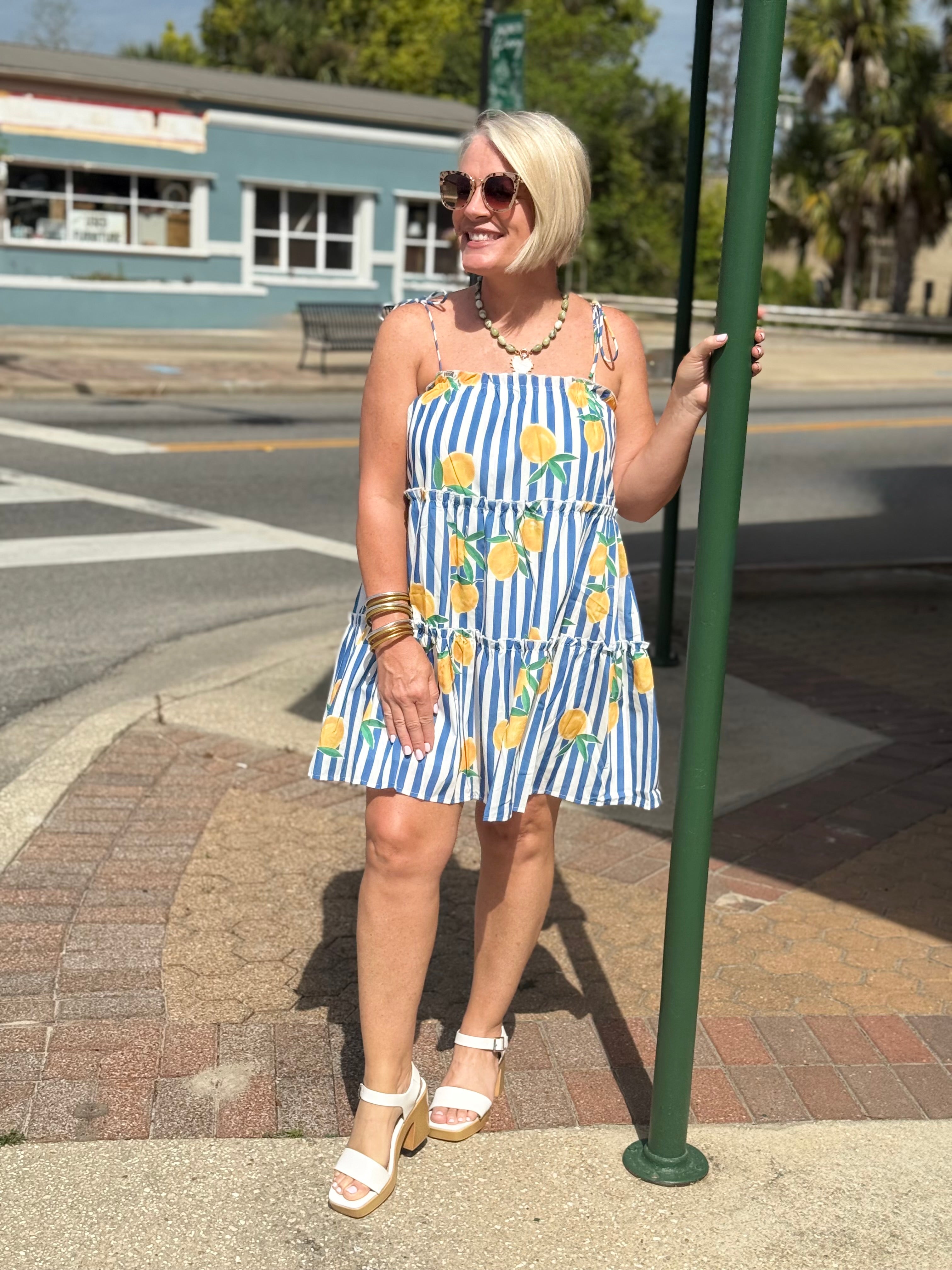 Lemon Striped Tiered Mini Dress