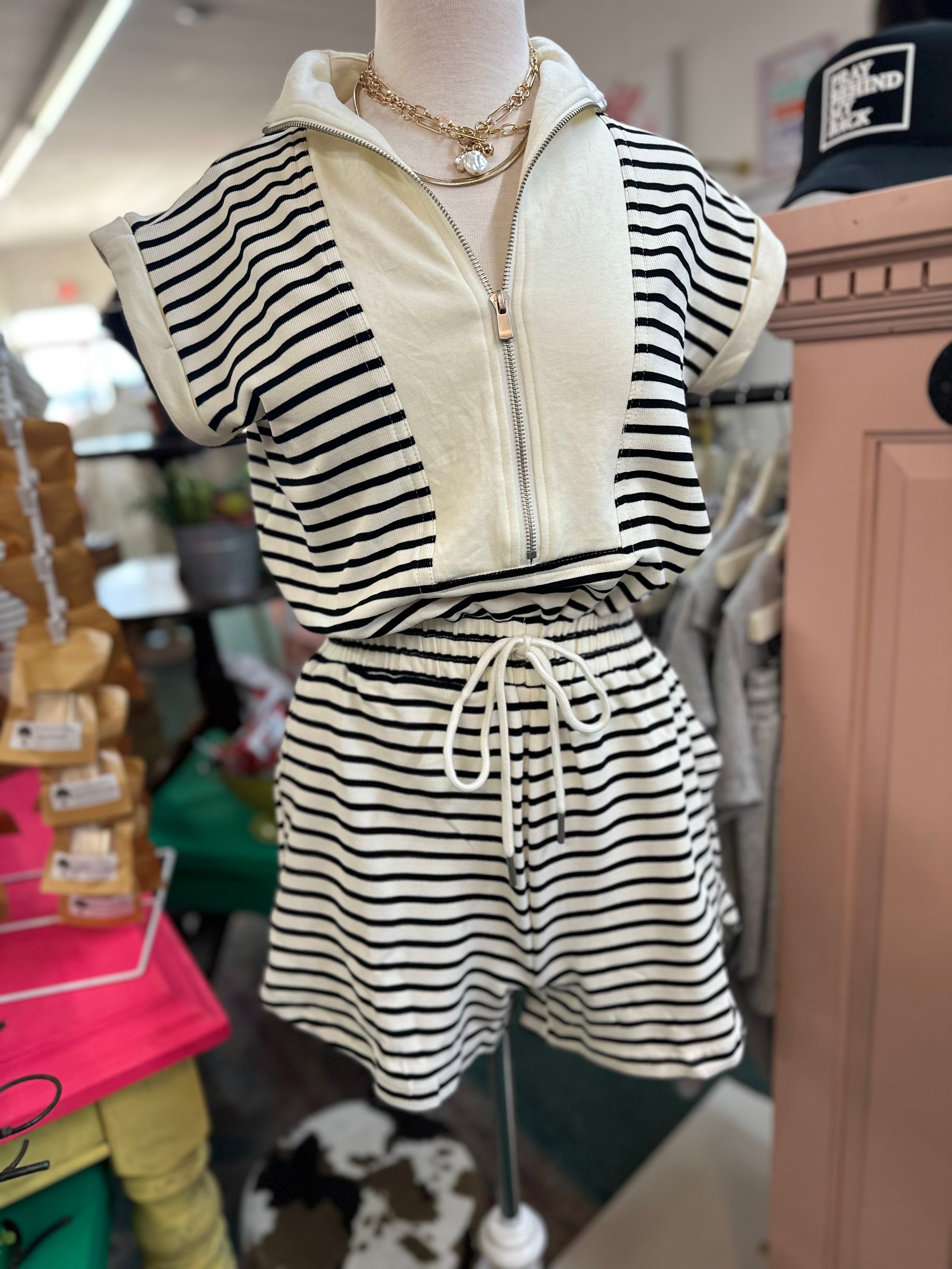 Black Stripe Zip-Front Drawstring Knit Romper