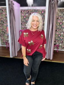 Sideline Sparkle Ruffle Top- Maroon