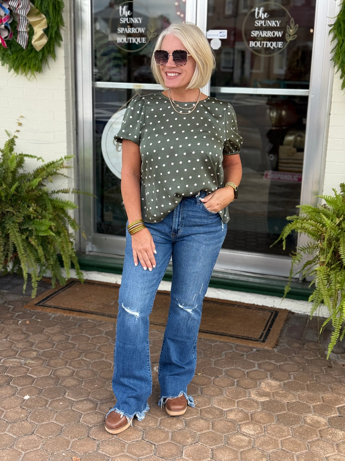 Olive Polka Dot Peplum Blouse