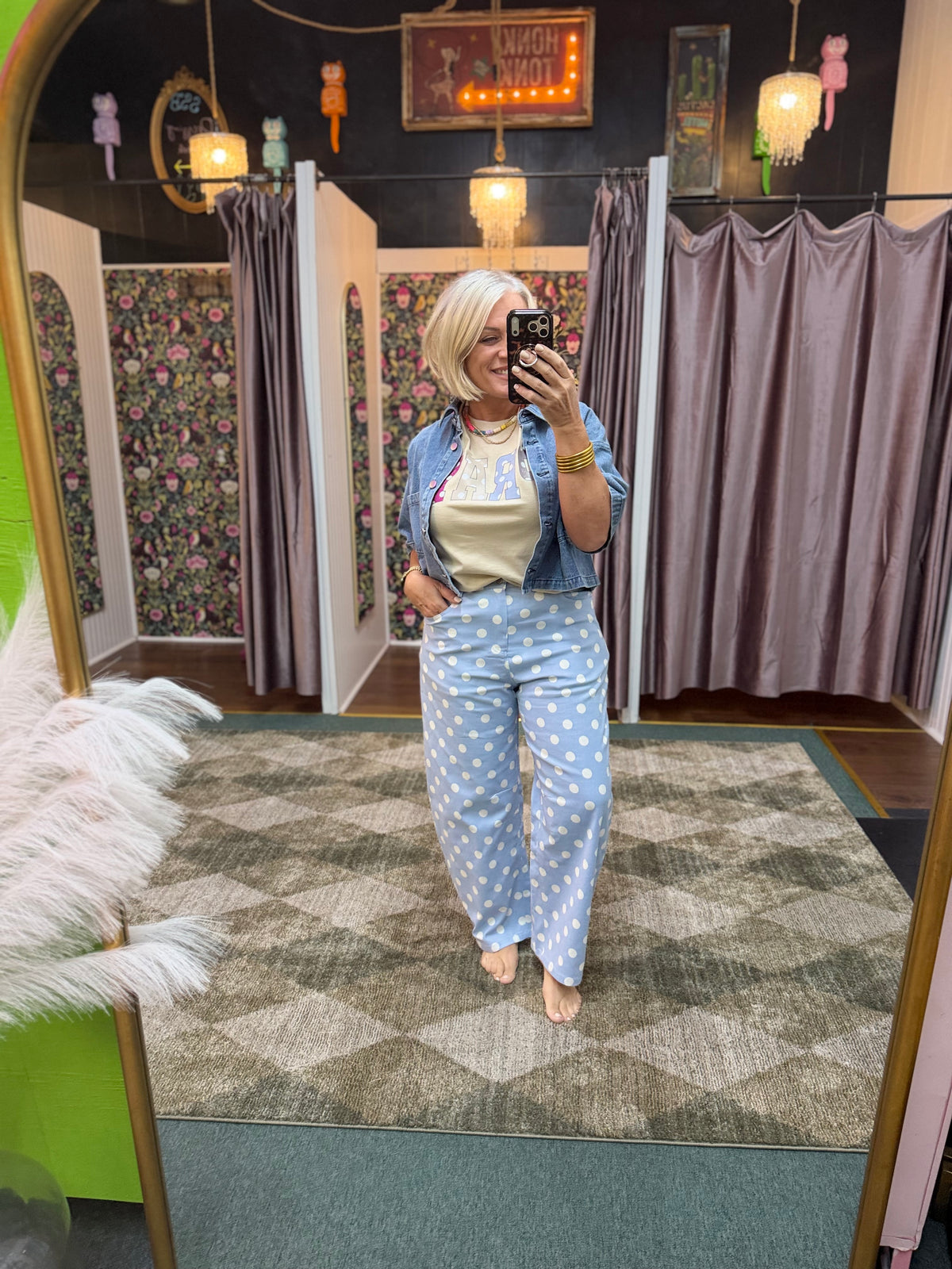 Chambray and White Polka Dot High Rise Straight Leg Pants