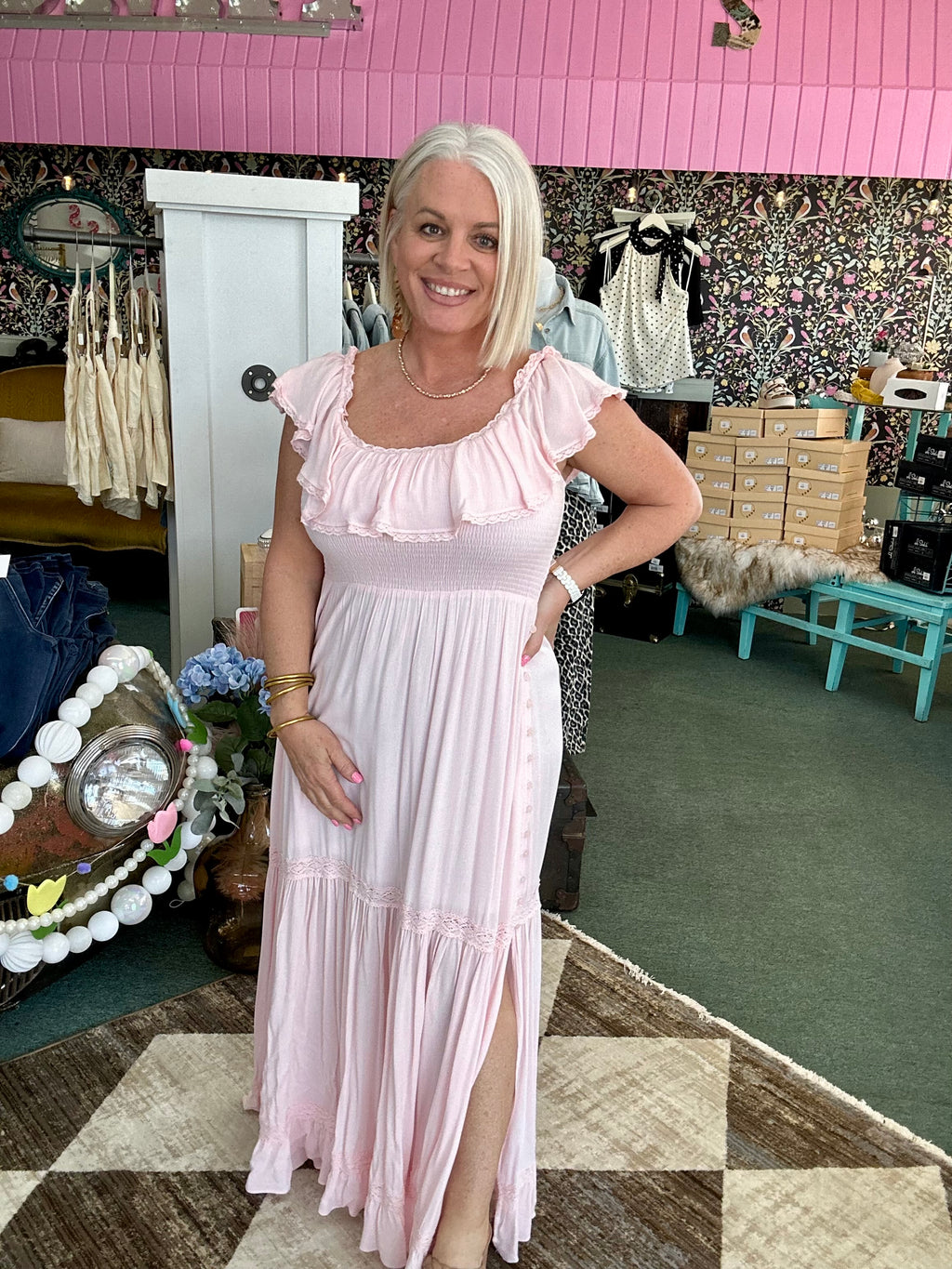 Pastel Pink Ruffled Flounce Collar Maxi Dress