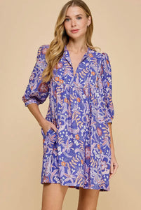 Floral Print Bib Detail Dress in purple