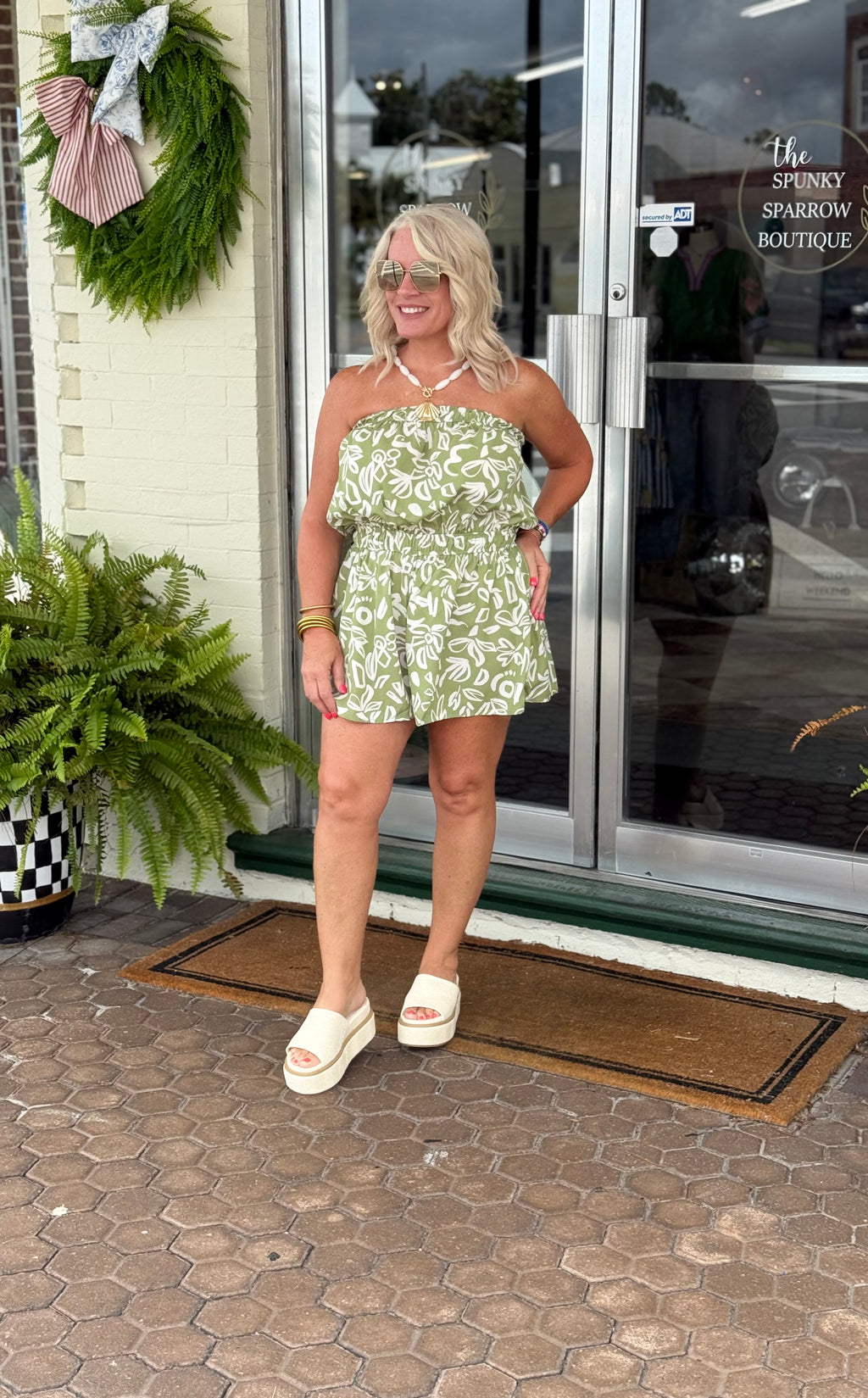 Juniors Earthy Print Elastic Waist Romper in Sage and Ivory