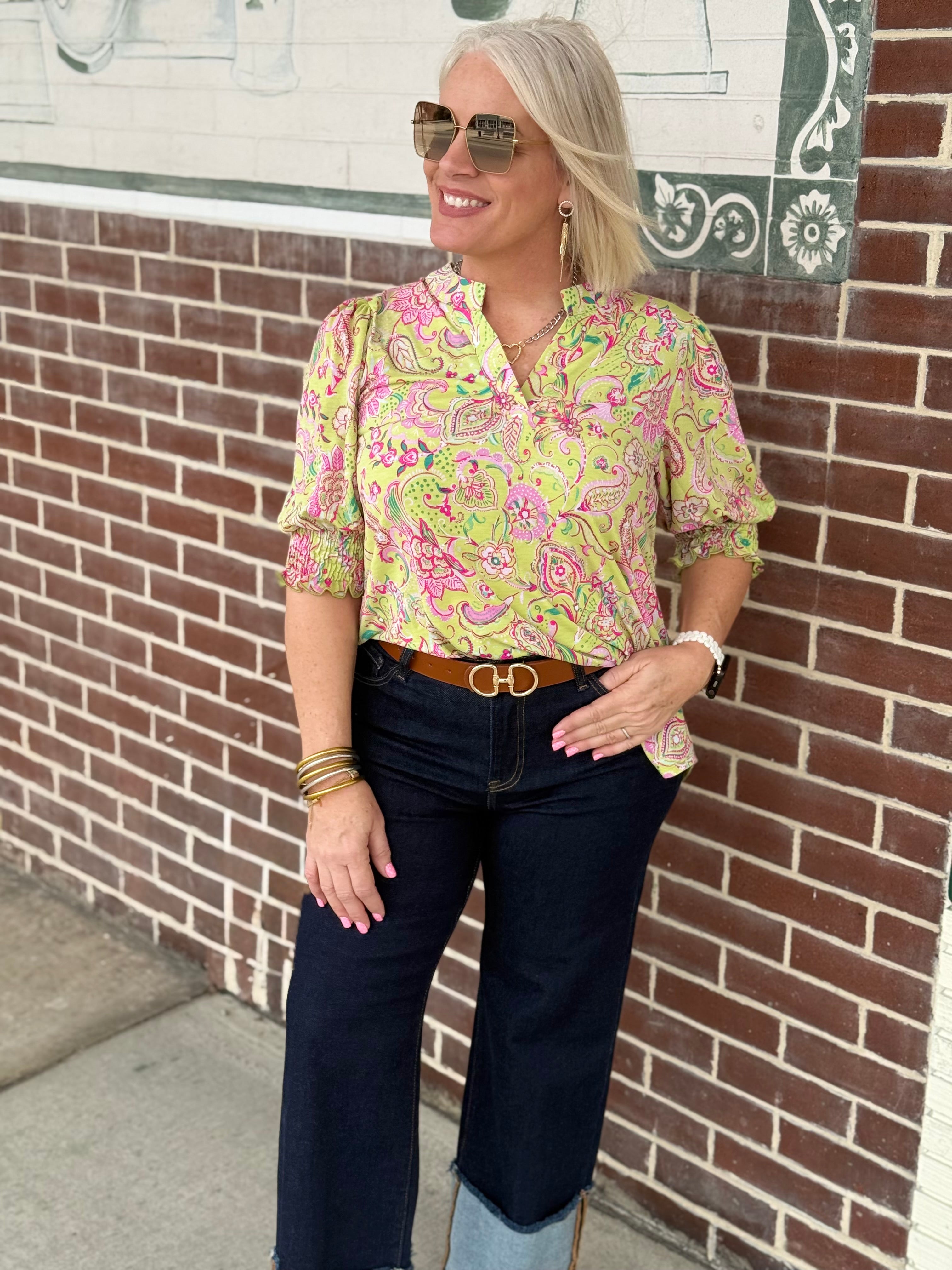 Aqua Pink Smocked 3/4 Sleeve Lizzy Top