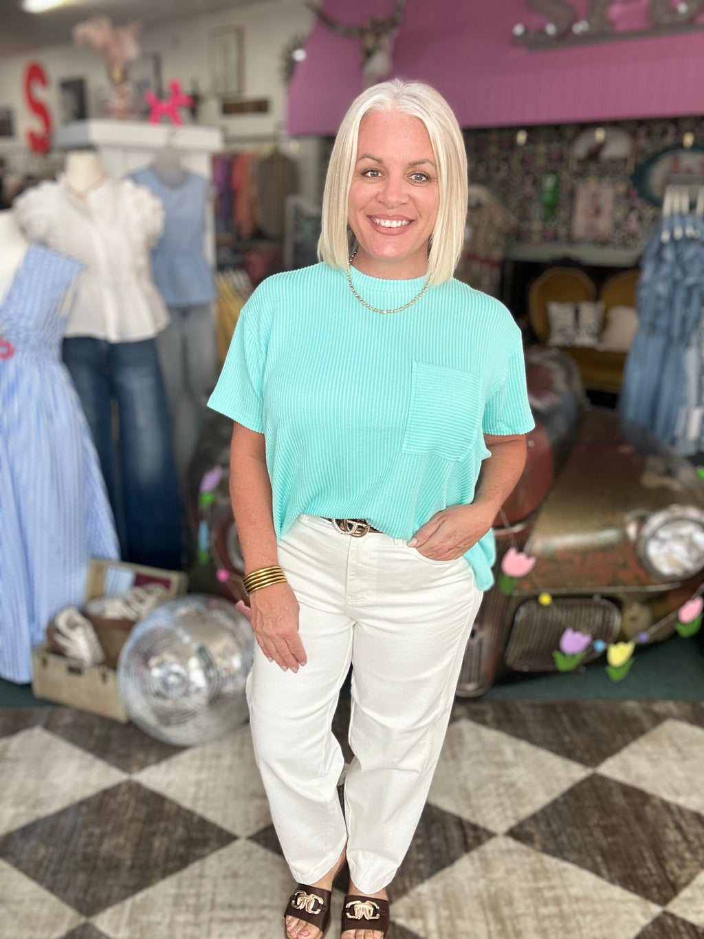 Mint Raised Rib Short Sleeve Front Pocket Top