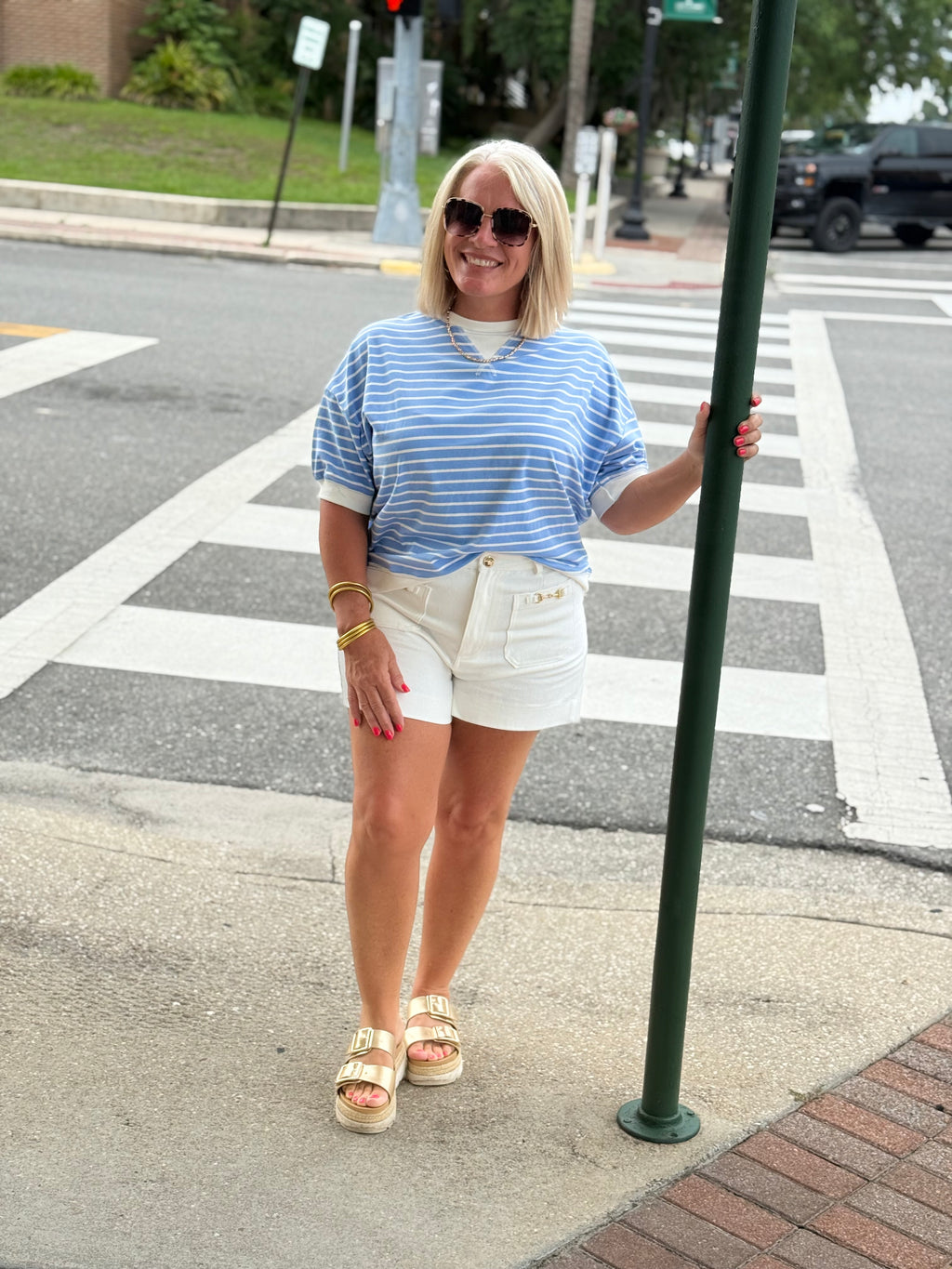 Cornflower Blue Striped Rib Banded Pullover