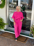 Magenta Mineral Washed Top Elasic Waist Barrel Pants Set