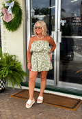 Juniors Earthy Print Elastic Waist Romper in Sage and Ivory