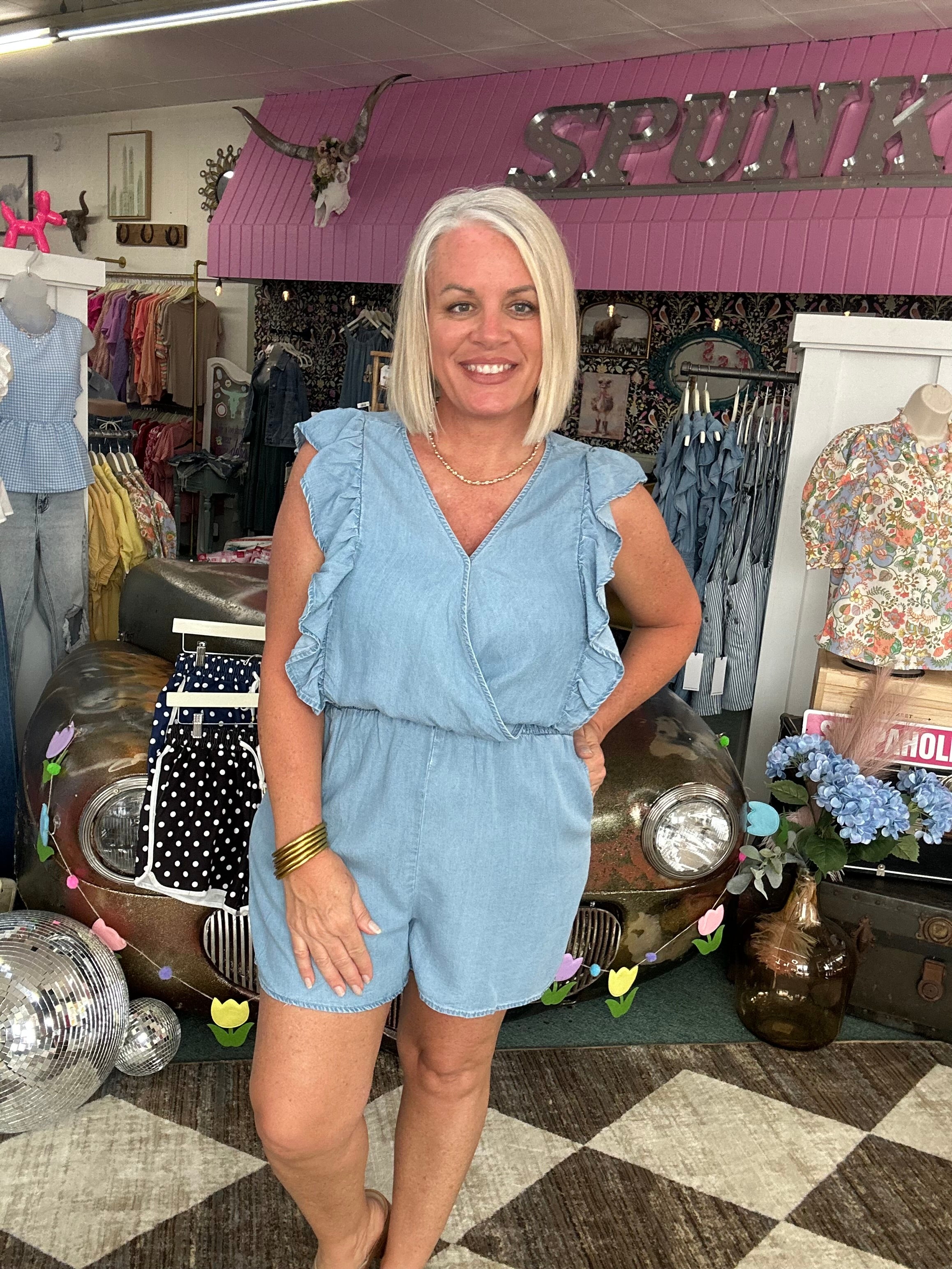 Light Denim Ruffle Detail Tencel Romper