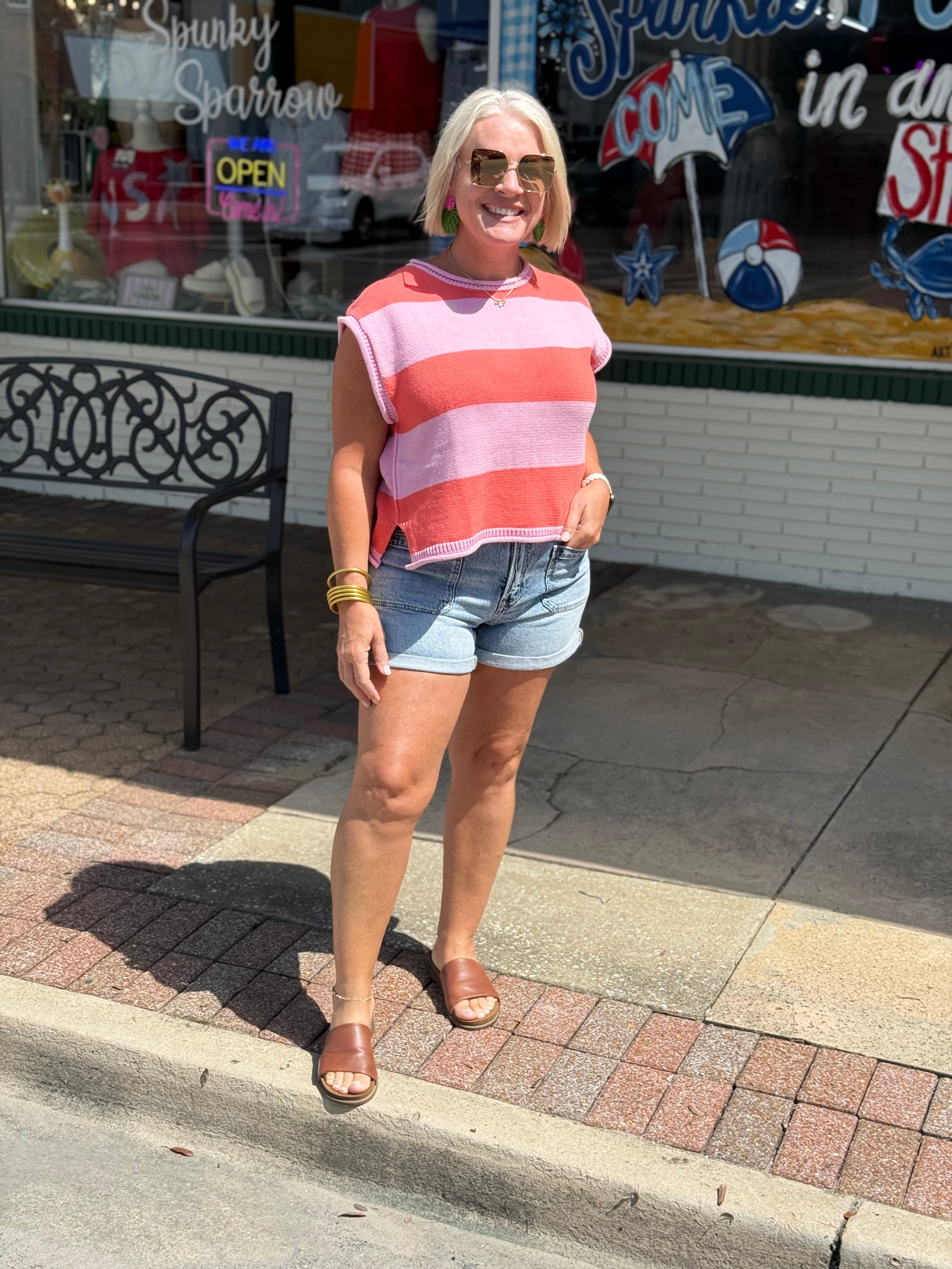 Pink Striped Cap Sleeve Knit Top