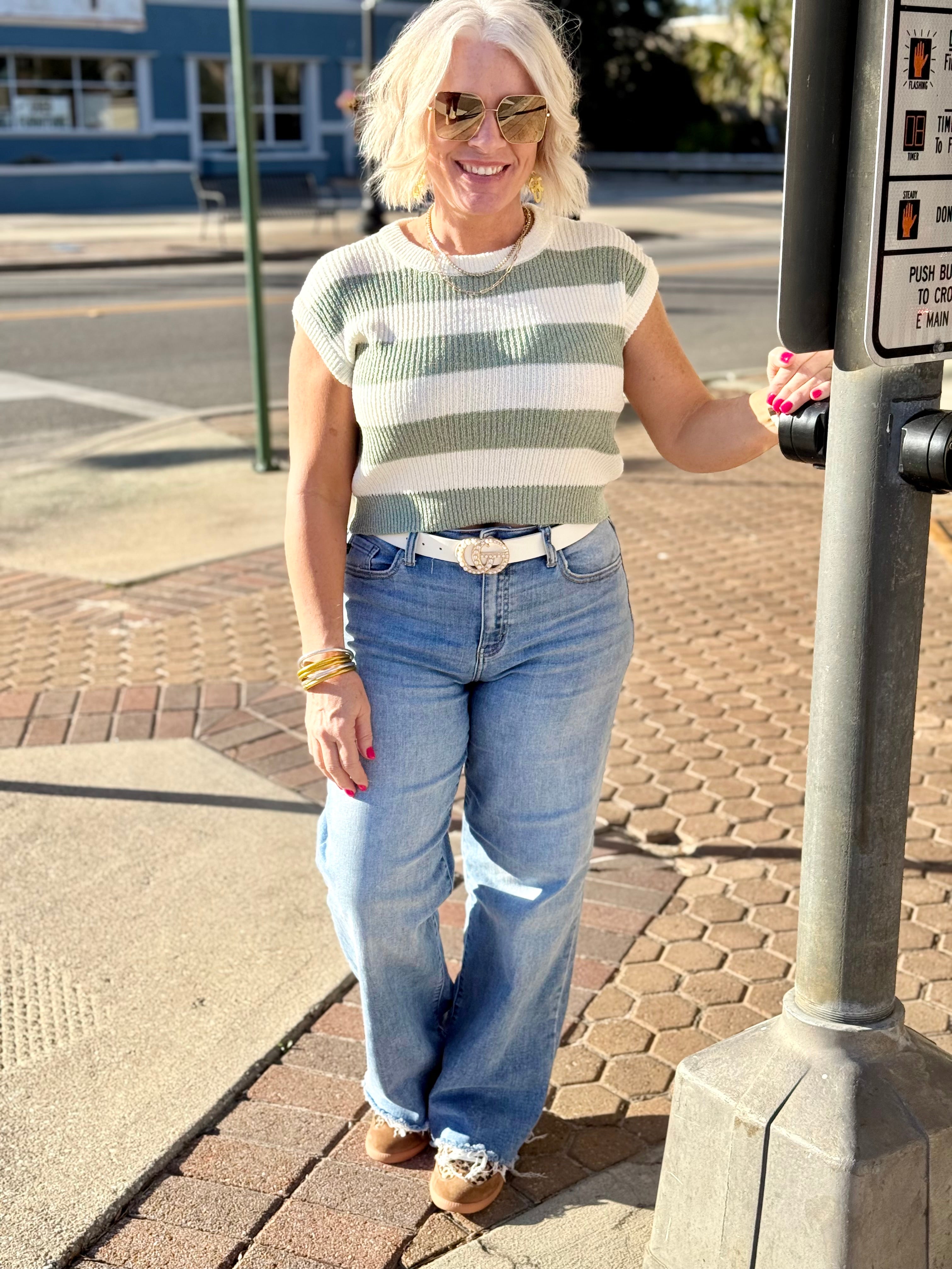 Sage Green Striped Ribbed Knit Top