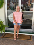 Salmon pink Solid Jersey Tiered Top With Lace Sleeve