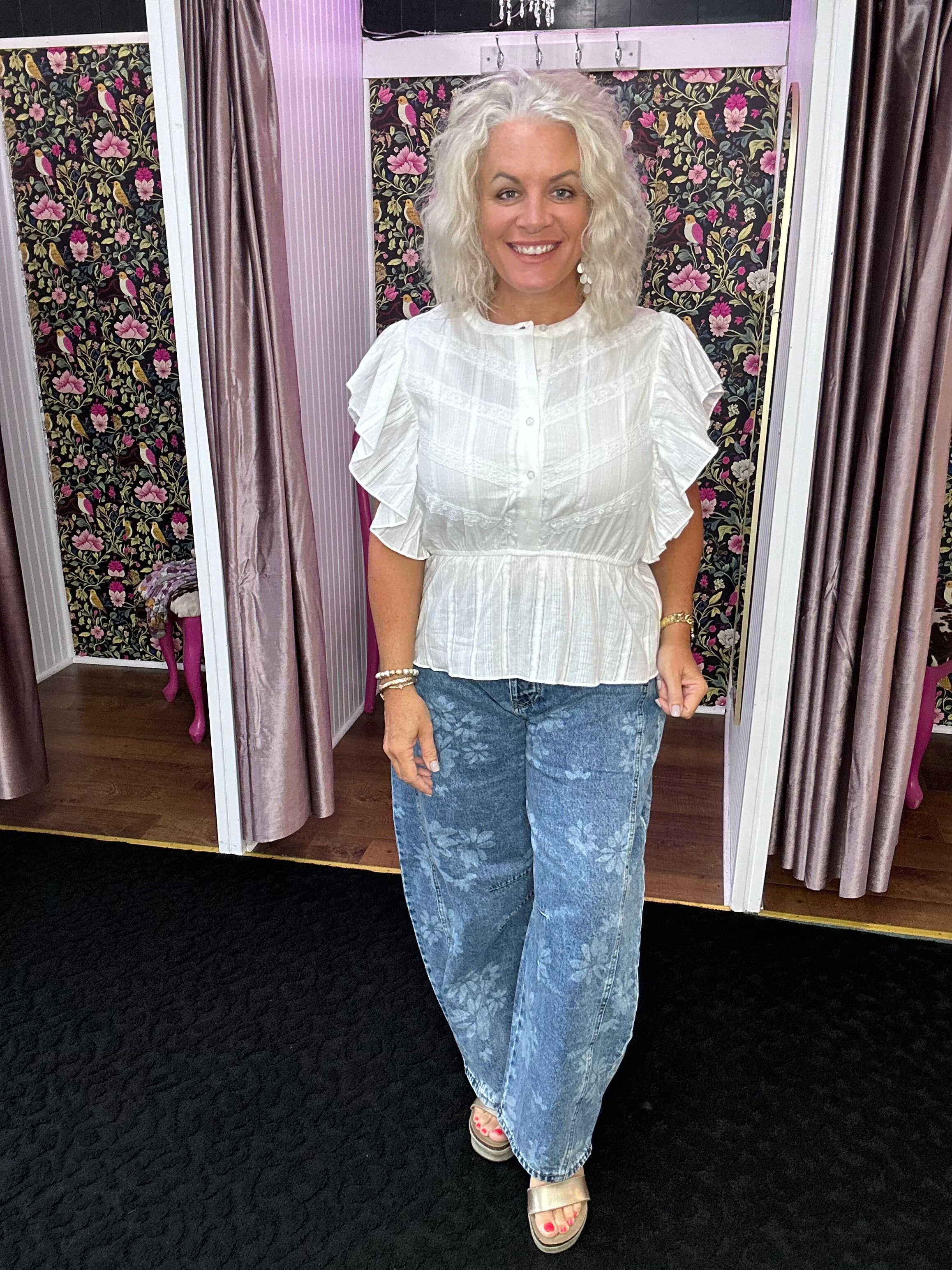 FLORAL PRINT DENIM BARREL JEANS