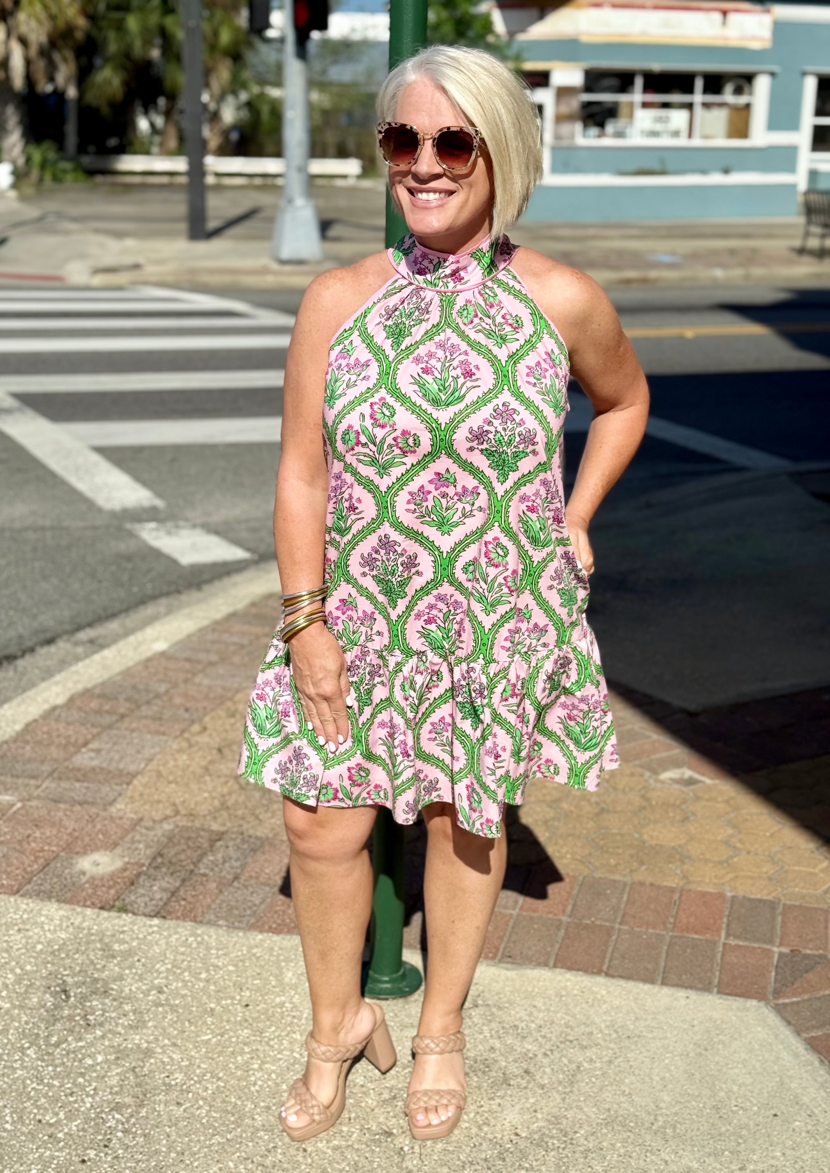 Pink Botanical Print Sleeveless Mini Dress