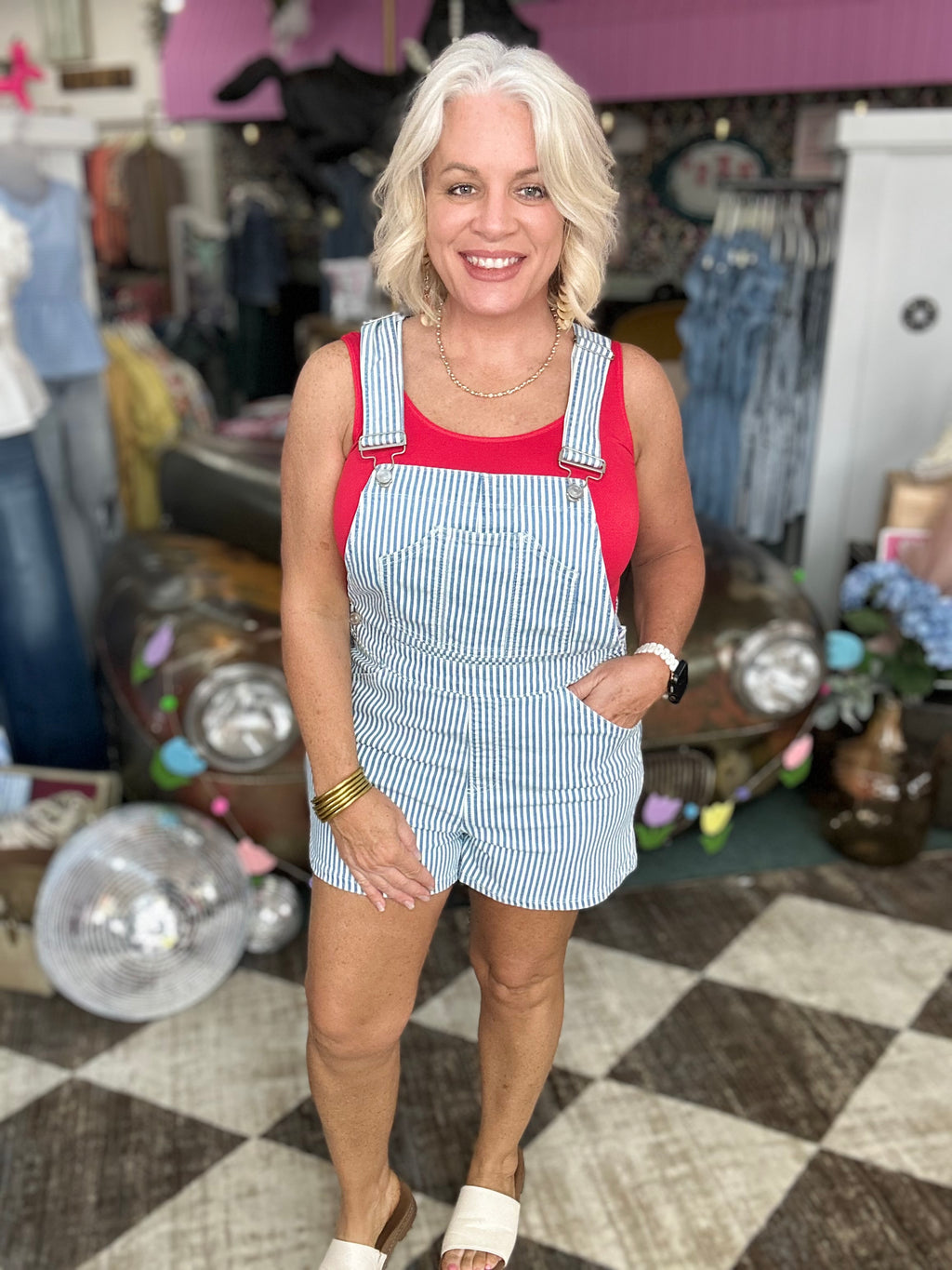 Striped Bib Short Overalls