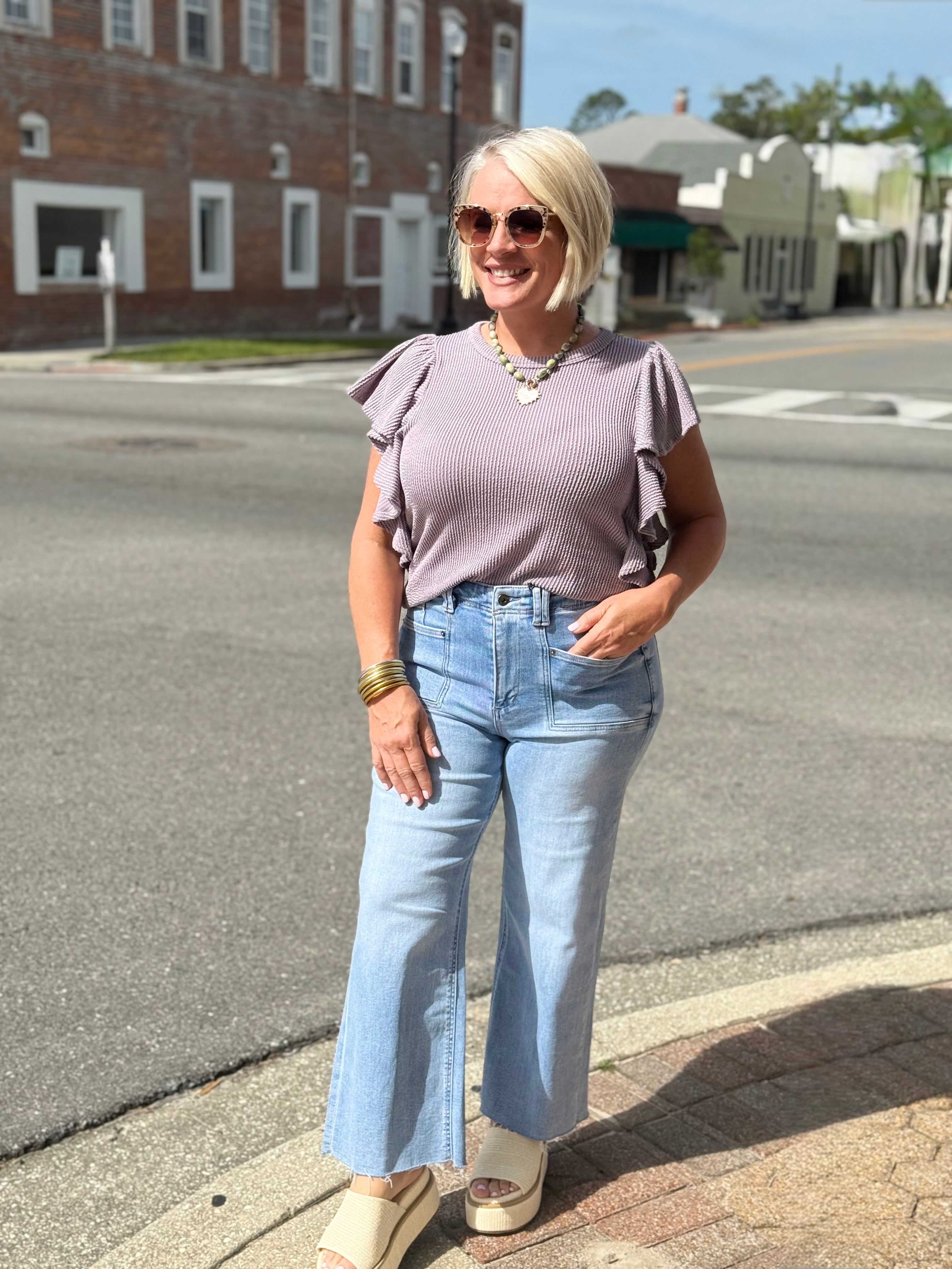 Lavender Short Ruffled Sleeve Solid Urban Ribbed Top