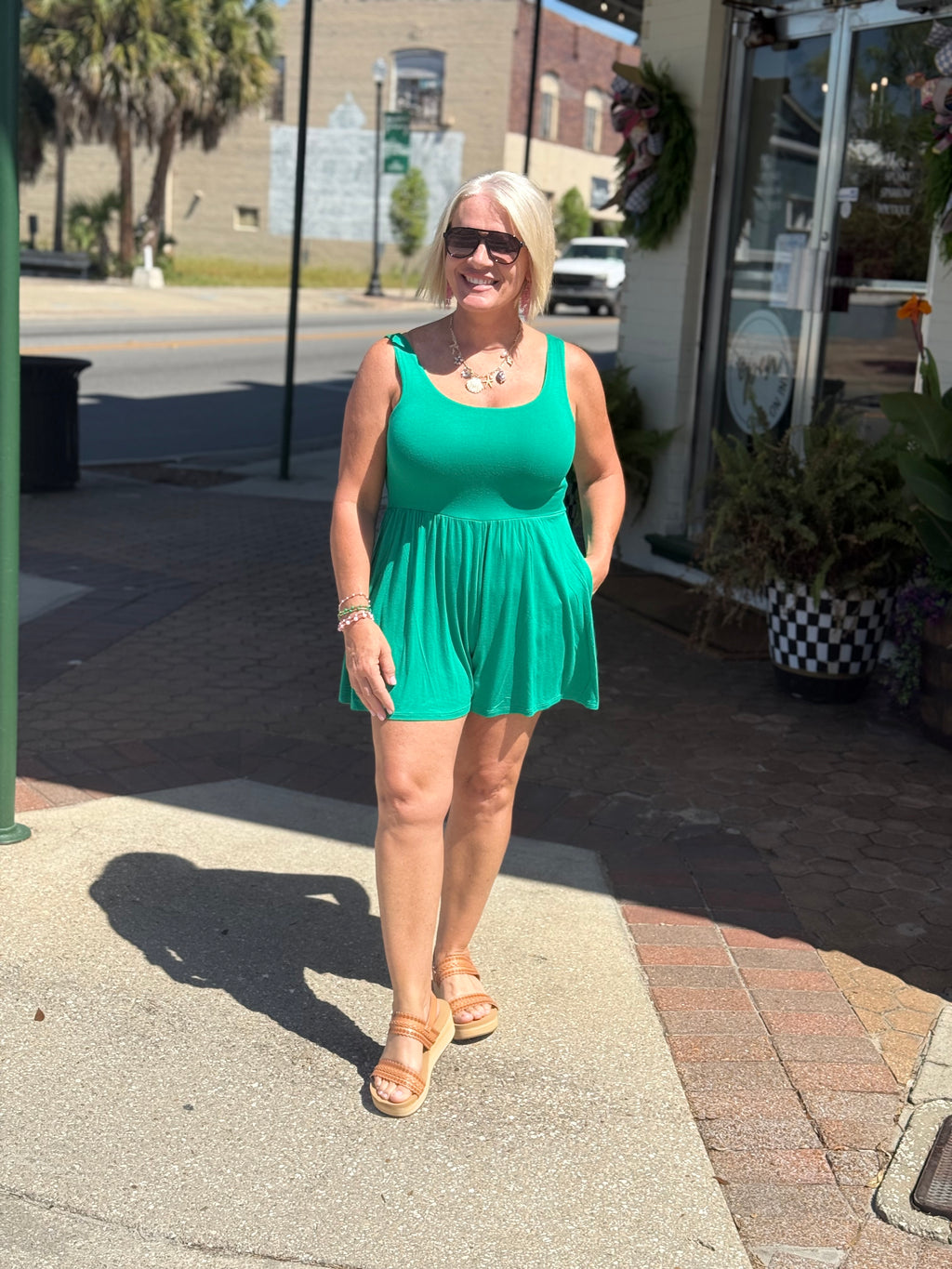 Kelly Green Double Layered Tank Romper w/ Pockets
