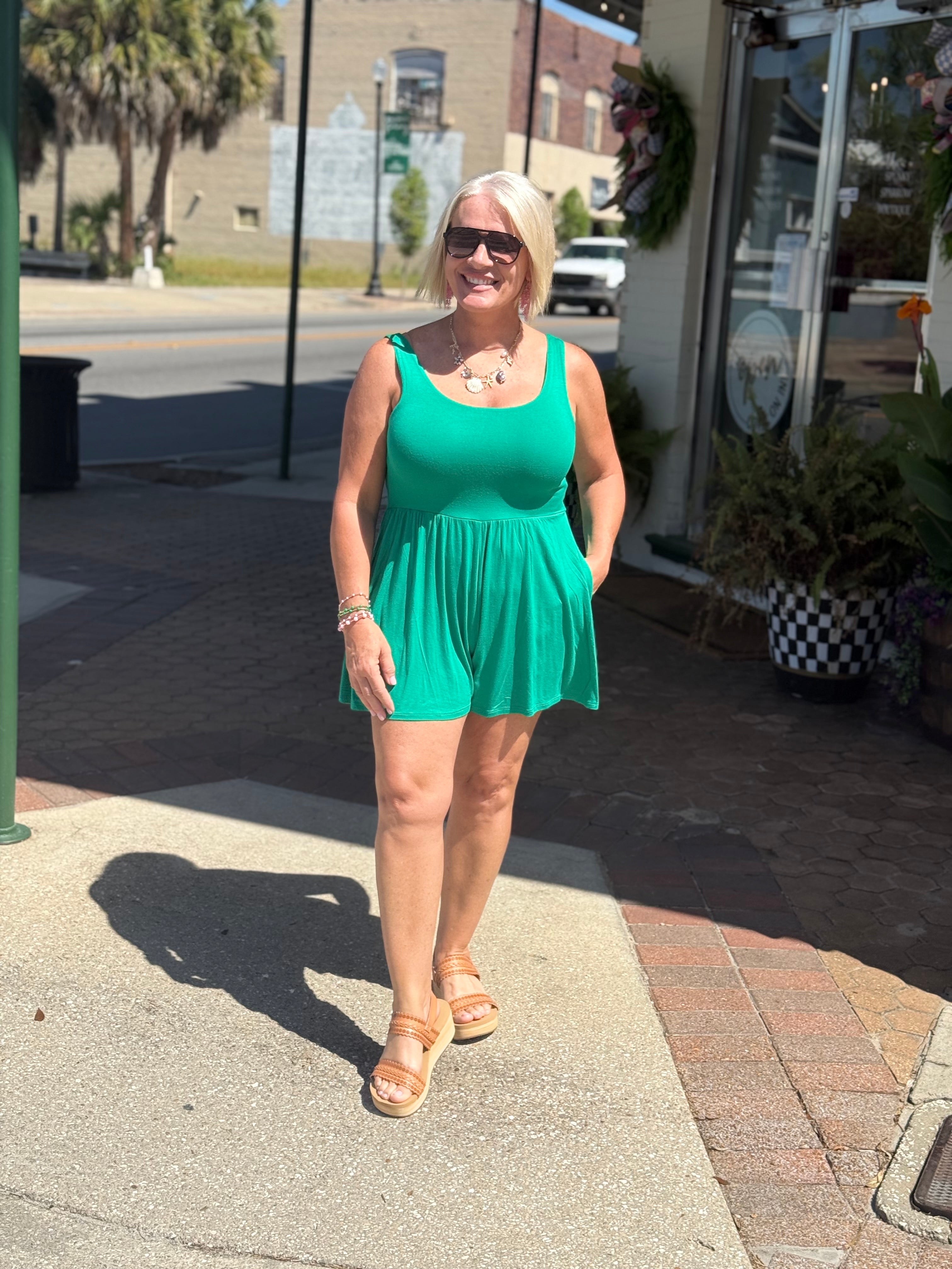 Kelly Green Double Layered Tank Romper w/ Pockets