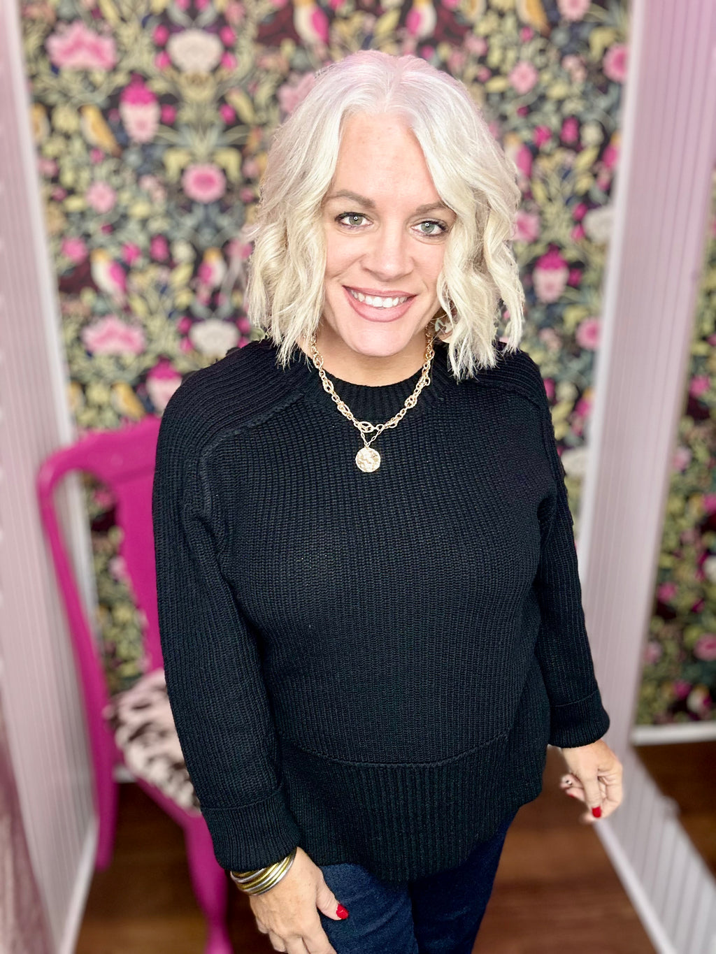 Raglan Long Sleeve Side Slit Sweater in Black