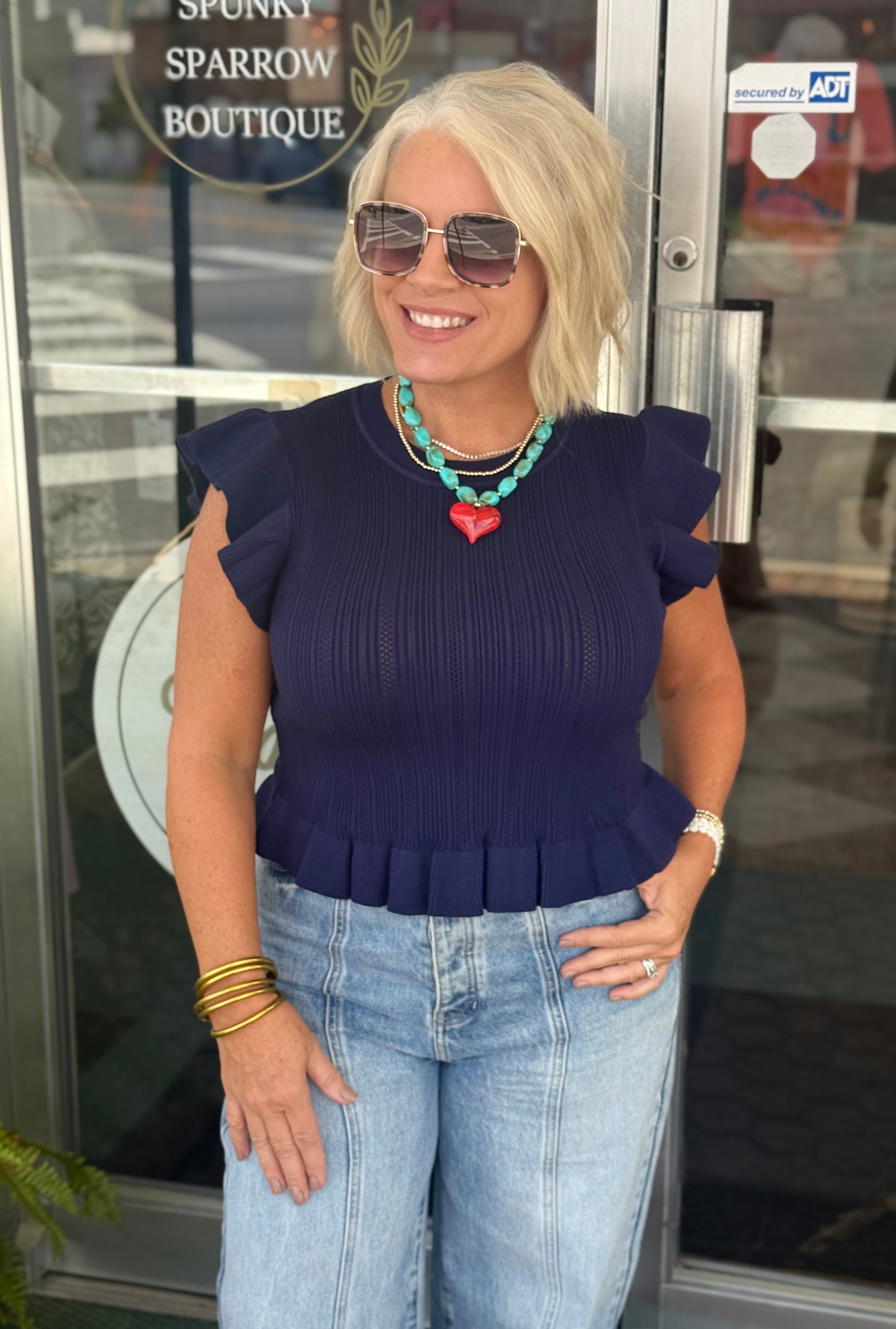 Navy Ruffled Hem Ribbed Knit Top