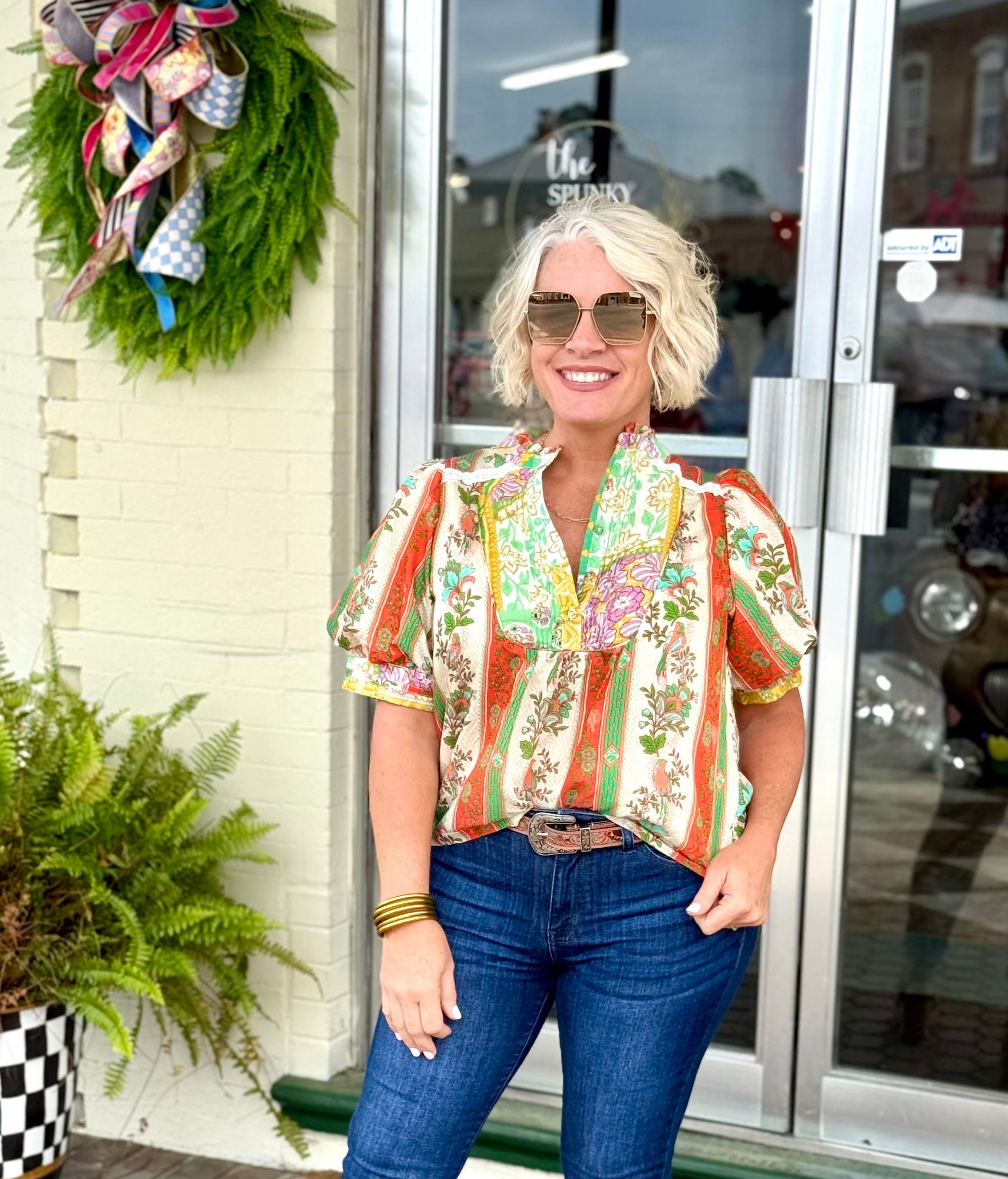 Multi Border Print Pin Tuck Top