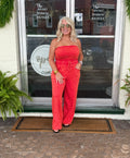 Washed Ruby Red Luxe Strapless Jumpsuit