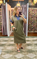 Olive Knit Contrast Collar Midi Dress