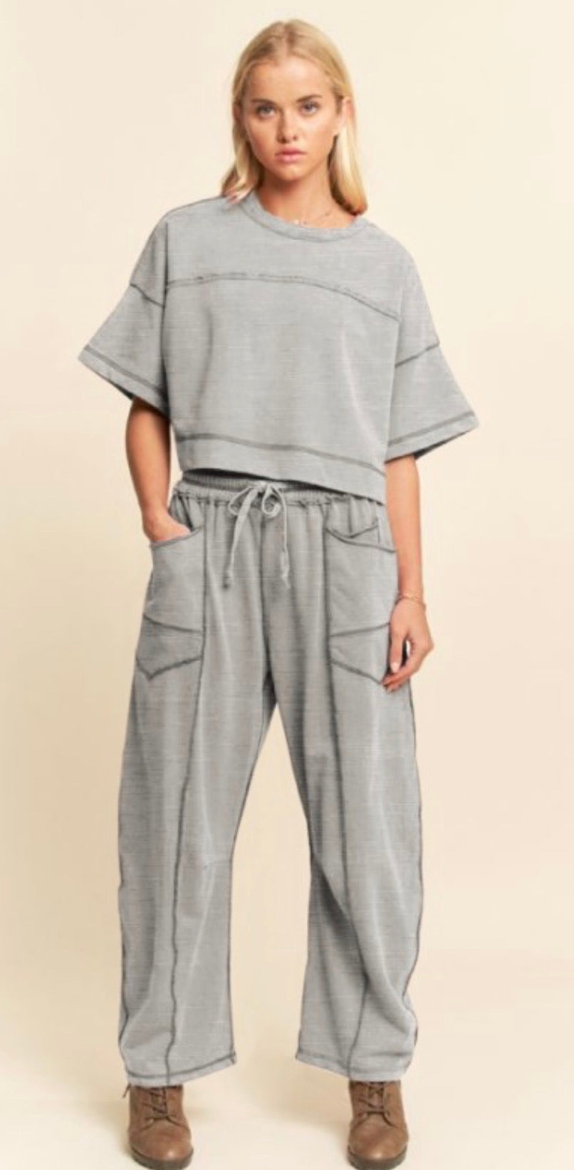 Dove Grey Washed Barrel Pants Set