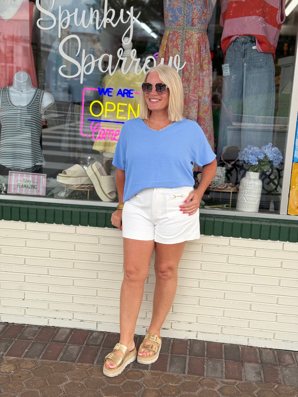 Cornflower Blue Woven Airflow V-neck Short Sleeve Top