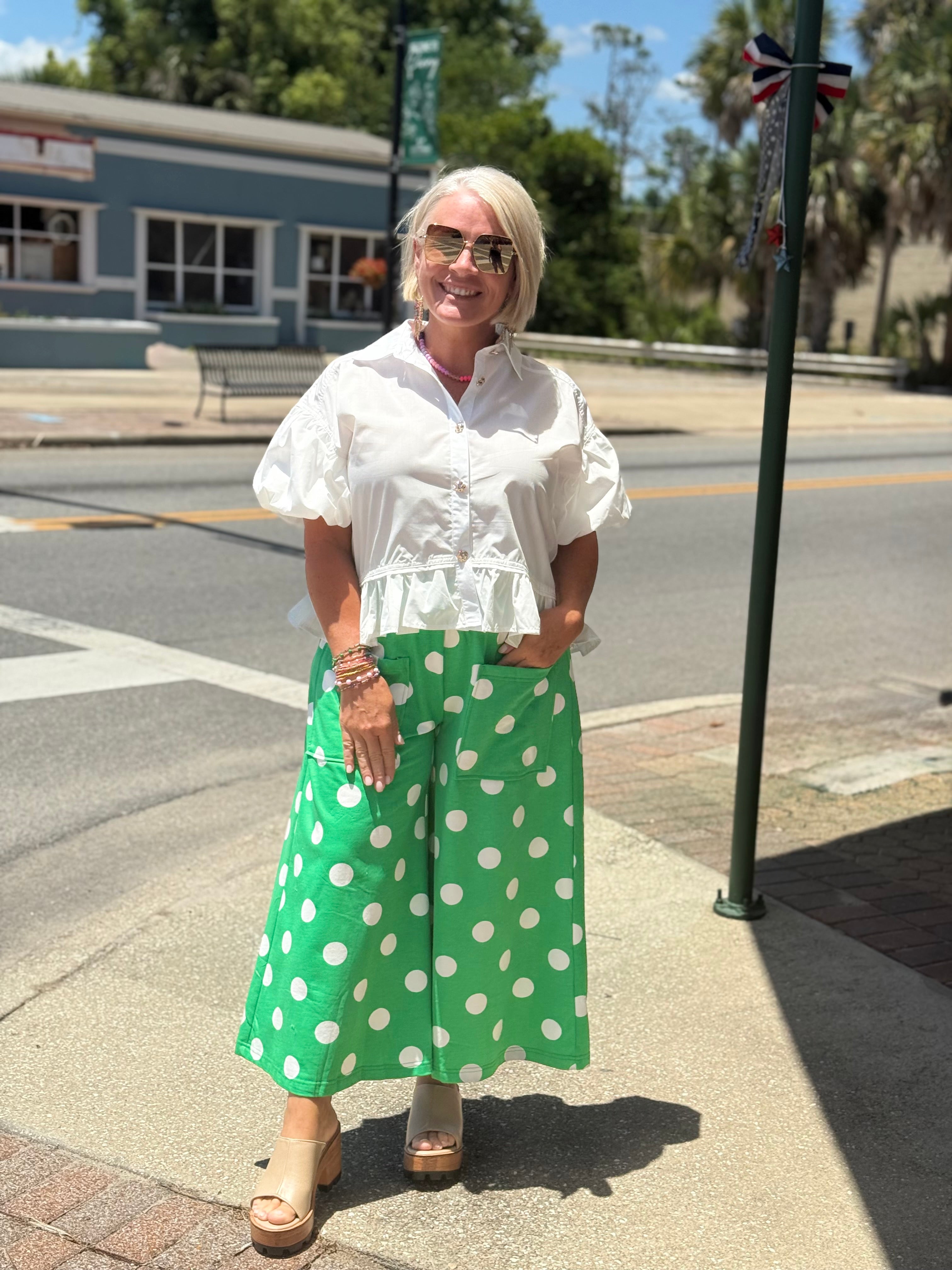 Green Polka Dot Pull-On Pants
